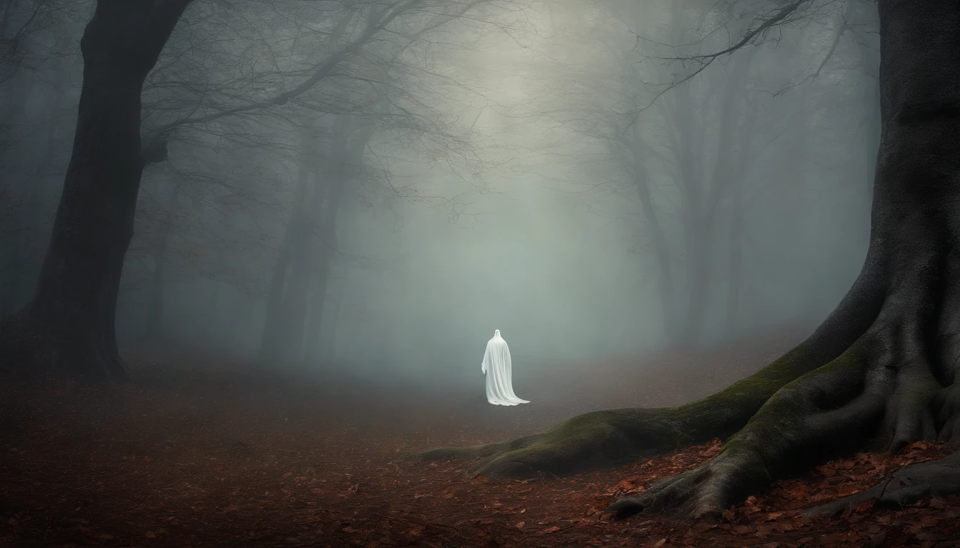 Wall Art Painting Dark Gothic Vintage Style Halloween, With design of a white ghost in the deep forest with mist.