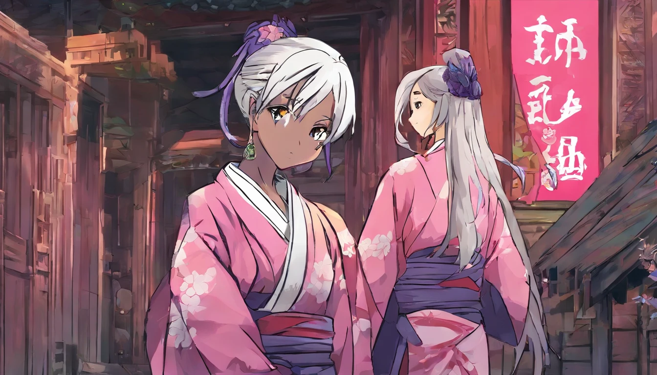 (2 girls, one has a pink suit, white skirt, silver hair and the other a Japanese kimono flowered in pink colors with purple hair ,portrait, athletic, dans la rue, Sunny lighting, Cheerful Details, mise au point nette, Realstic , 2 garcons l'un a un habit rouge pantalon noir avec des cheveux oranger et l'autre porte un habit de ninjas couleurs noir tenant des counailles, portrait, volumeric lighting, Best quality, chefs d'ouvre, details complexe, dans un entrepot abandonner, Intricate details, mappage de tons, mise au point nette), paysage de la photo