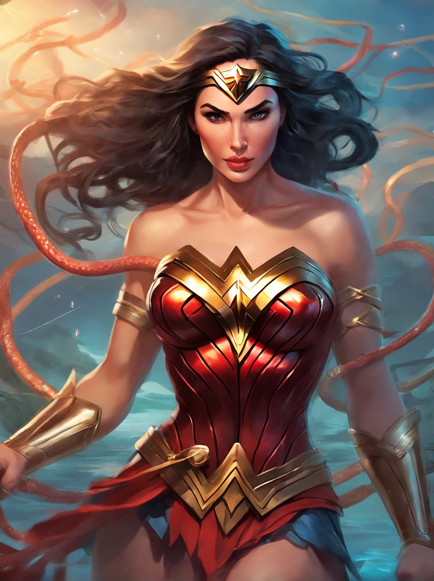 wonder woman in bikini attacked by tentacles