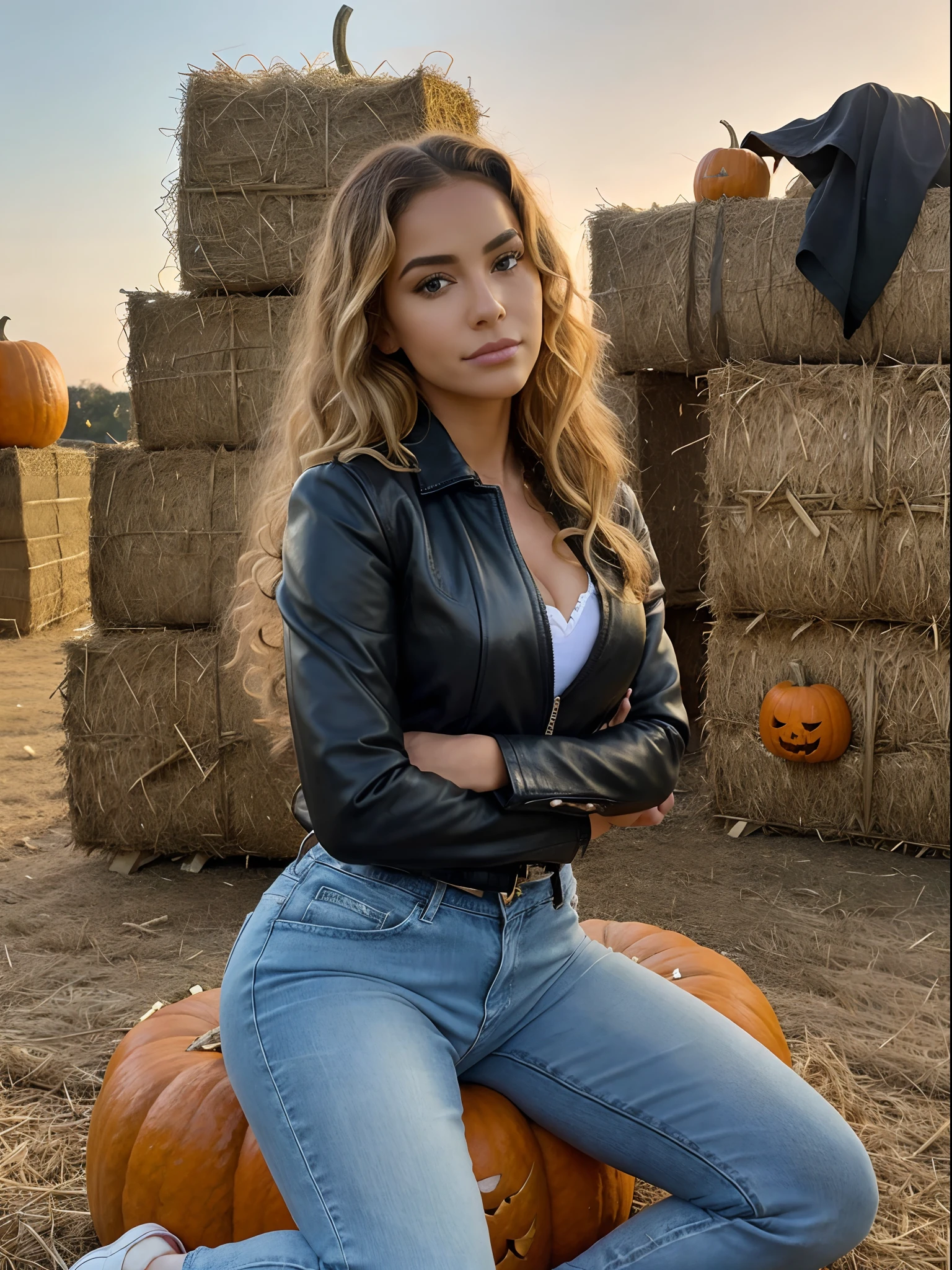 cuban woman Sandra Malek, (Curly blonde hair:1.0),(Cat eye makeup:0.85), realistic, long blond curly hair, selfee, sitting on a bale of hay with pumpkins, pumpkin patch, ๐ cute, profile image, ๐คฌ ๐คฎ ๐ ๐, ๐ญ ๐คฎ ๐ ๐, in a halloween style, ๐ cute, pumpkins, profile pic, holding a jack - o - lantern, profile picture, sitting on the ground, she is sitting on the hay, wearing a black leather jacket, blue jeans and white shoes, role in the background