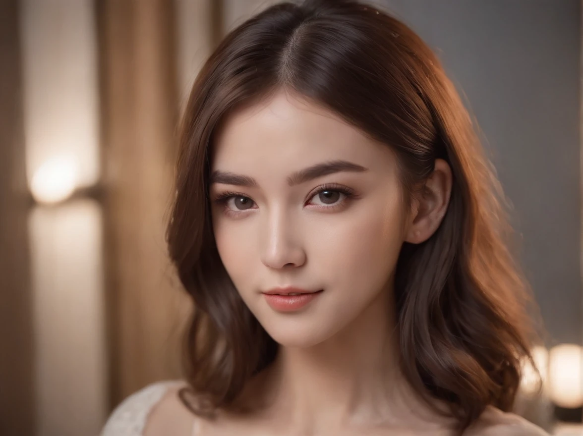 Night, Raw photography, (((Very beautiful portrait))), (Very beautiful portrait))), 1 girl, Sexy 25 year old girl, ((Shortcut Natural Brown Hair)), [Brown eyes],Gentle smile staring at the camera(cleavage), ((masutepiece, Best Quality, Ultra Detail, Cinematic lights, intricate detailes, High Definition, 8K, Very detailed)), Detail Background, 8K UHD, Digital SLR, Soft lighting, High quality, Film grain, FujifilmXT3, Shallow depth of field, Natural light, Perfect face,skinny legs,