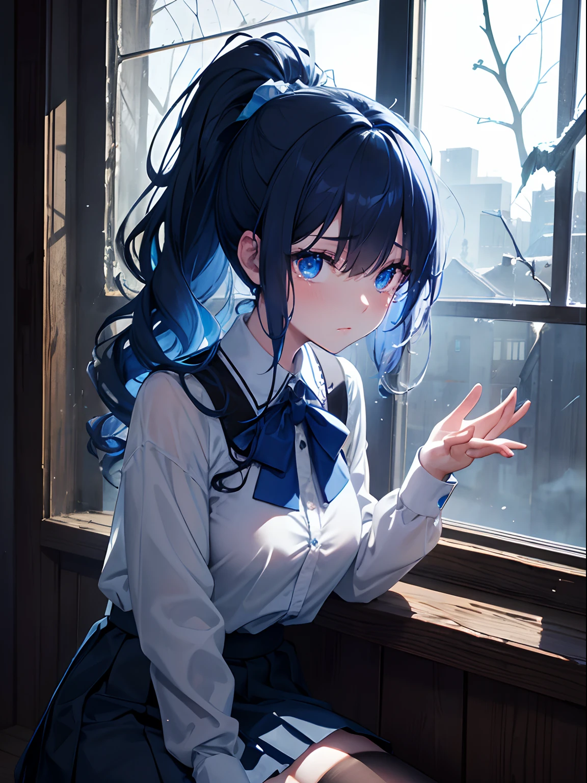 Close up, night, dark, boarding school, rotted wood, dirty walls, broken glass, moonlight, ghost girl, she is glowing blue, pale, blue see through skin, sad expression, tears, curly hair, ponytail, old style school uniform, short skirt, thigh socks, sitting on window
