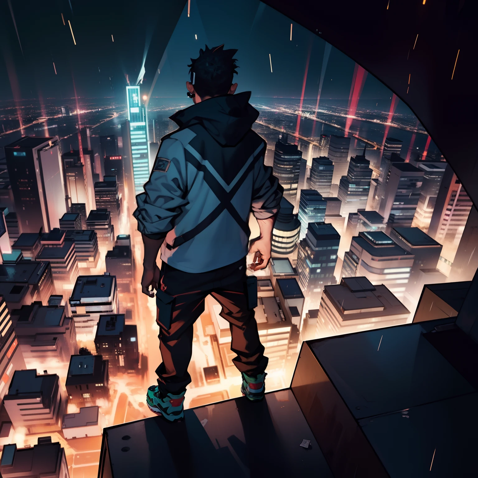 A distant view from top to bottom of a rapper-style ??? in the middle of a city with buildings bright at night , Raining several money bills from heaven