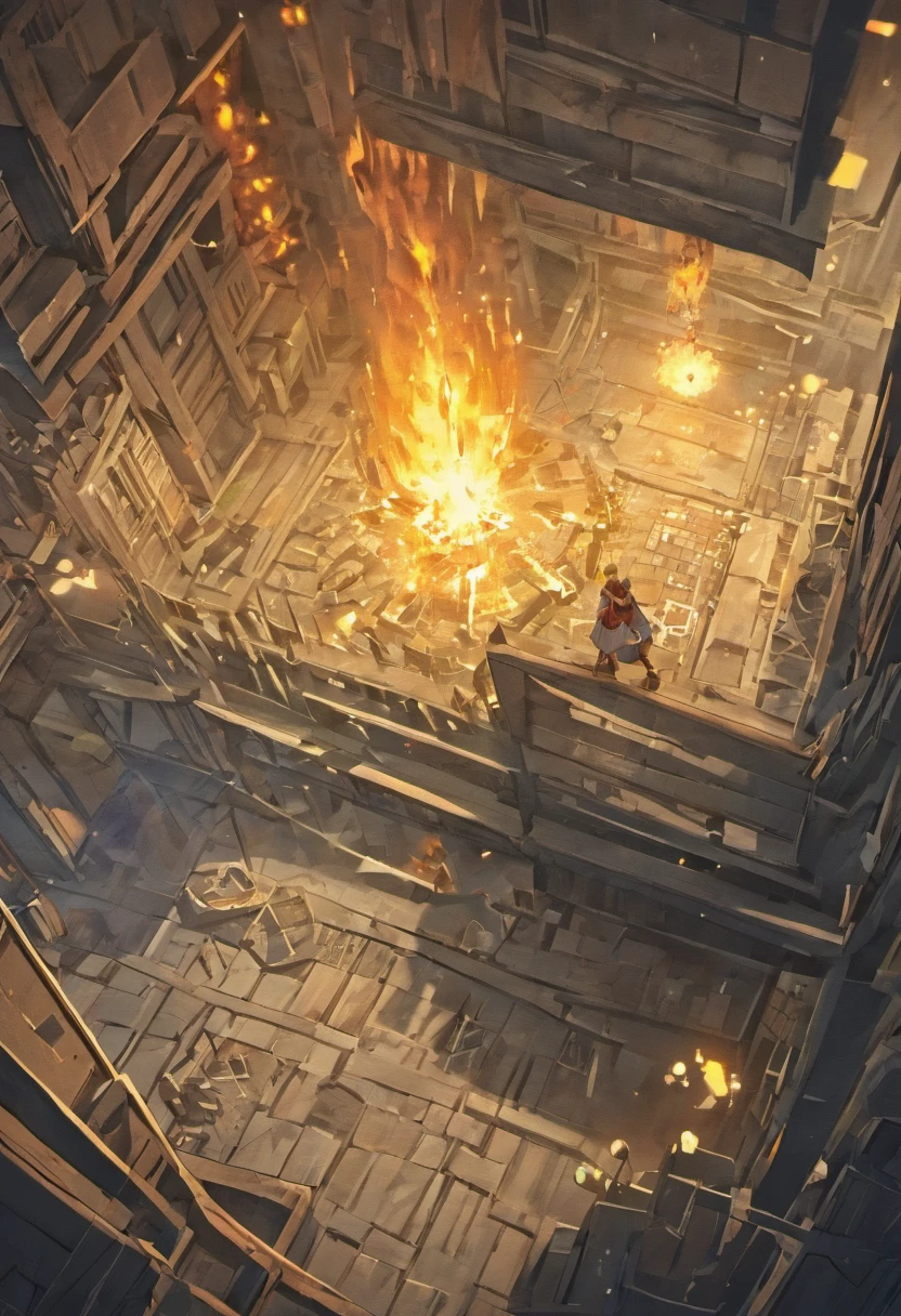 Tiro de cima para baixo de um drone, 2D, Mapa de batalha de casa abandonada de interior bem iluminada, 3 andares, The art destroyed , afluentes, mas humildes, Dungeons and Dragons, Final Fantasy, arte do jogo, (arquitetura e interiores coerentes, with realistic proportions and textures, detalhes intrincados, Hand drawn, vibrante, Cinematic lighting, master part, 8k)