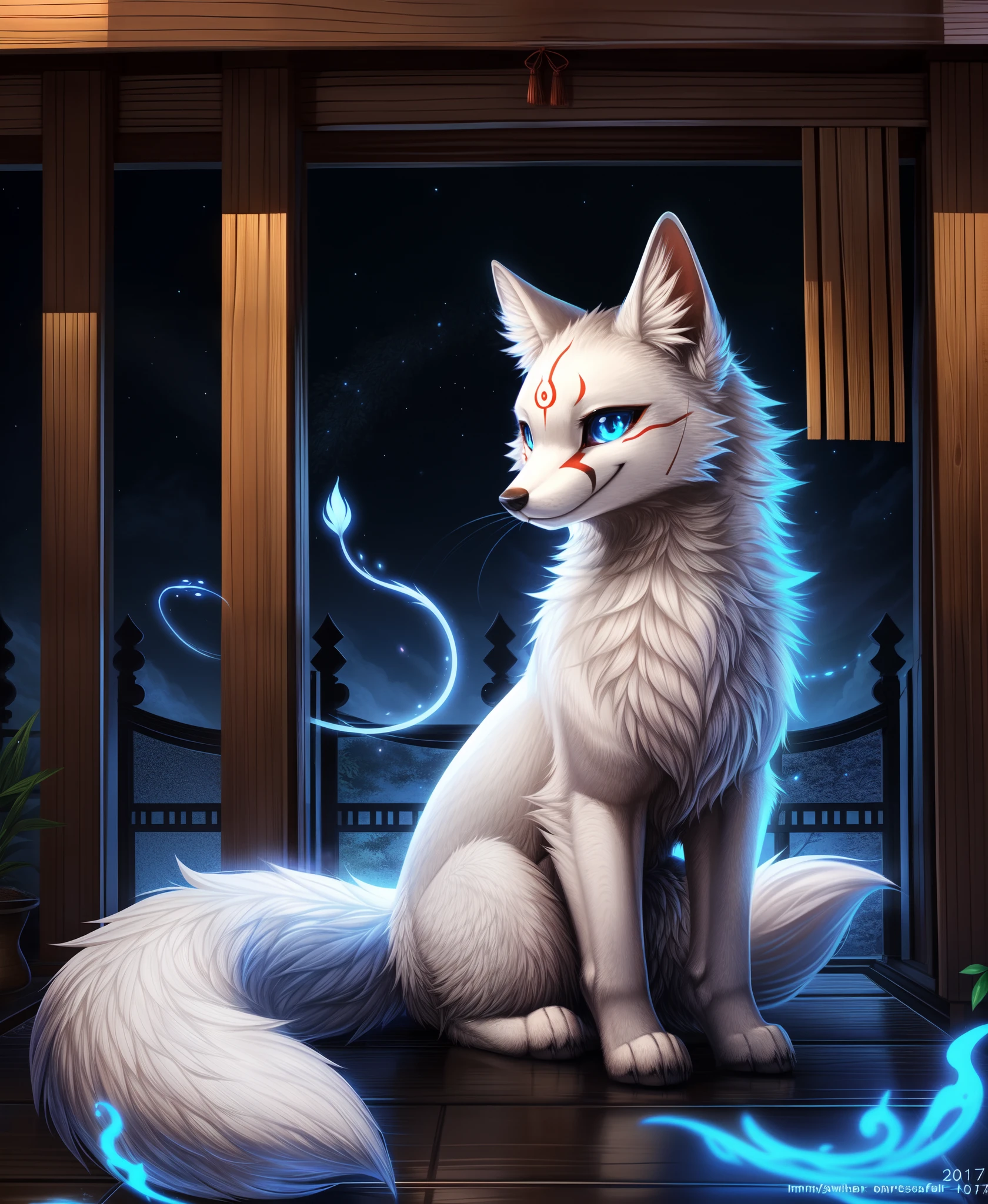 falvie 
asian_mythology east_asian_mythology mythology 
canid canine fox mammal will-o'-the-wisp 
2017 digital_media_(artwork) 
ambiguous_gender blue_eyes detailed_background feral fox_spirit fur kitsunebi multi_tail paws shrine sitting smile solo tail white_body white_fur