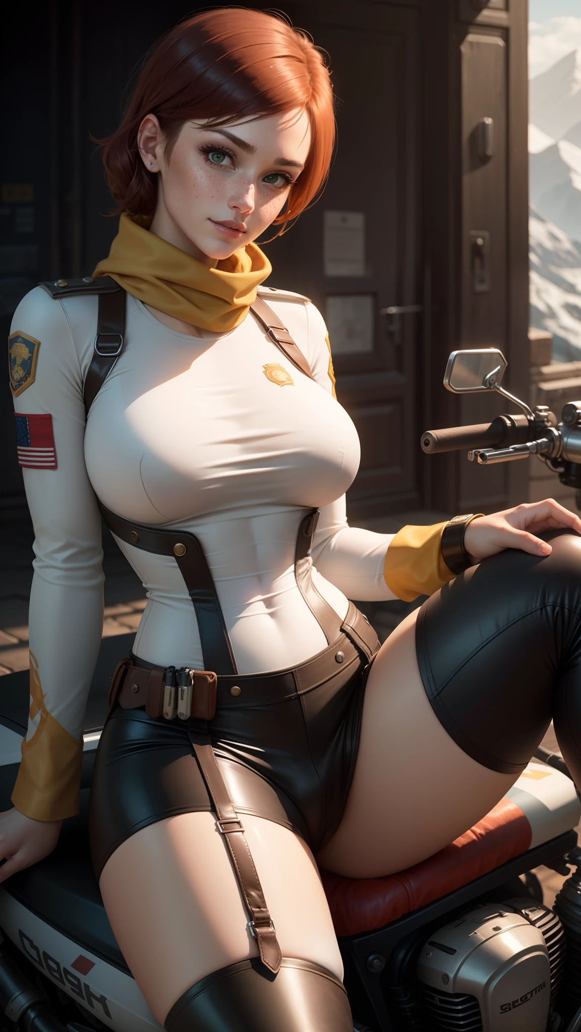 gwen tennyson,tracer,chun-li,rebecca chambers,tomb raider,overwatch,1girl, close up,mecha pilot,mountain road,red and white plugsuit,hair pin,pirate corset, white long sleeve lycra top,silver lycra tight skirt,short hair,cute makeup, green eyes,orange and gold hair,shy smile,freckles,redhead,beautiful girl,large breasts,ultra detailed,realistic, fantasy art,military uniform,police uniform,pilot scarf,pilot jacket,wet shirt,thigh high boots,garter belt,motorcycle,sitting,