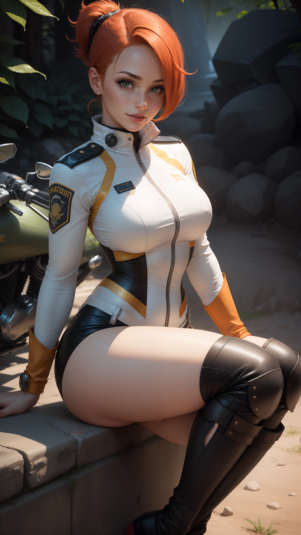 gwen tennyson,tracer,bulma,rebecca chambers,overwatch,gundam,1girl,close up,tokyo,mecha pilot,mecha armor, mecha uniform,mecha gear,pirate corset,white long sleeve lycra top, white leggings,short hair,goth makeup,green eyes,orange hair, purple hair highlights,shy smile, freckles,redhead,beautiful girl,large breasts,ultra detailed,realistic,fantasy art,