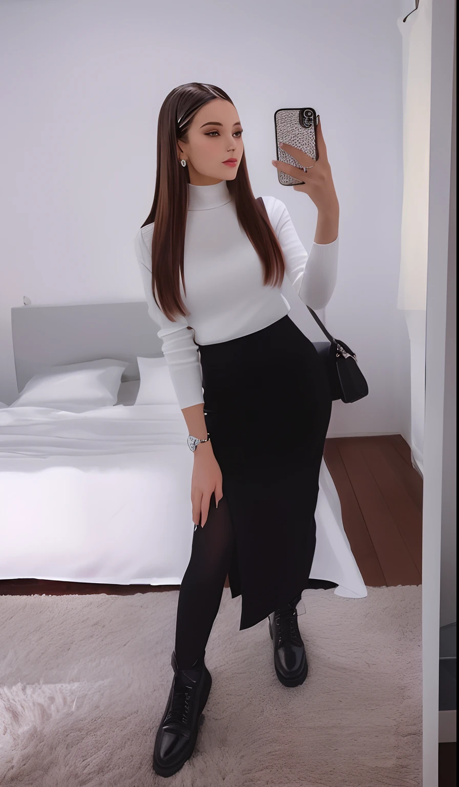 There is a woman, taking a selfie in the mirror, in white turtleneck shirt, in Elegant Attire, business outfit, high-waisted black skirt, black skirt, casual business attire, Elegant girl in urban attire, jovana rikalo, outfit photo, black outfit, In a white sweater, office clothes, outfit: blow, white and black
