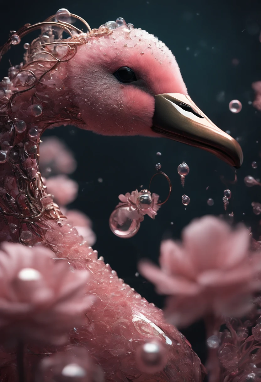 biomechanical of pink swan bird with mechanical metal feathers, cyberpunk mechanical swan body, acrylic bubbles and flowers atmosphere, ferrofluids, water distortions. looking up, highly detailed object, intricate abstract. intricate artwork detailed. beeple. blend of organic and mechanical elements, futuristic, cybernetic, detailed, intricate, dark theme, (in awe:1.2), confident, (surprised:0.7), rich color, realistic rendring object, unreal engine 5, mid shot, dynamic poses