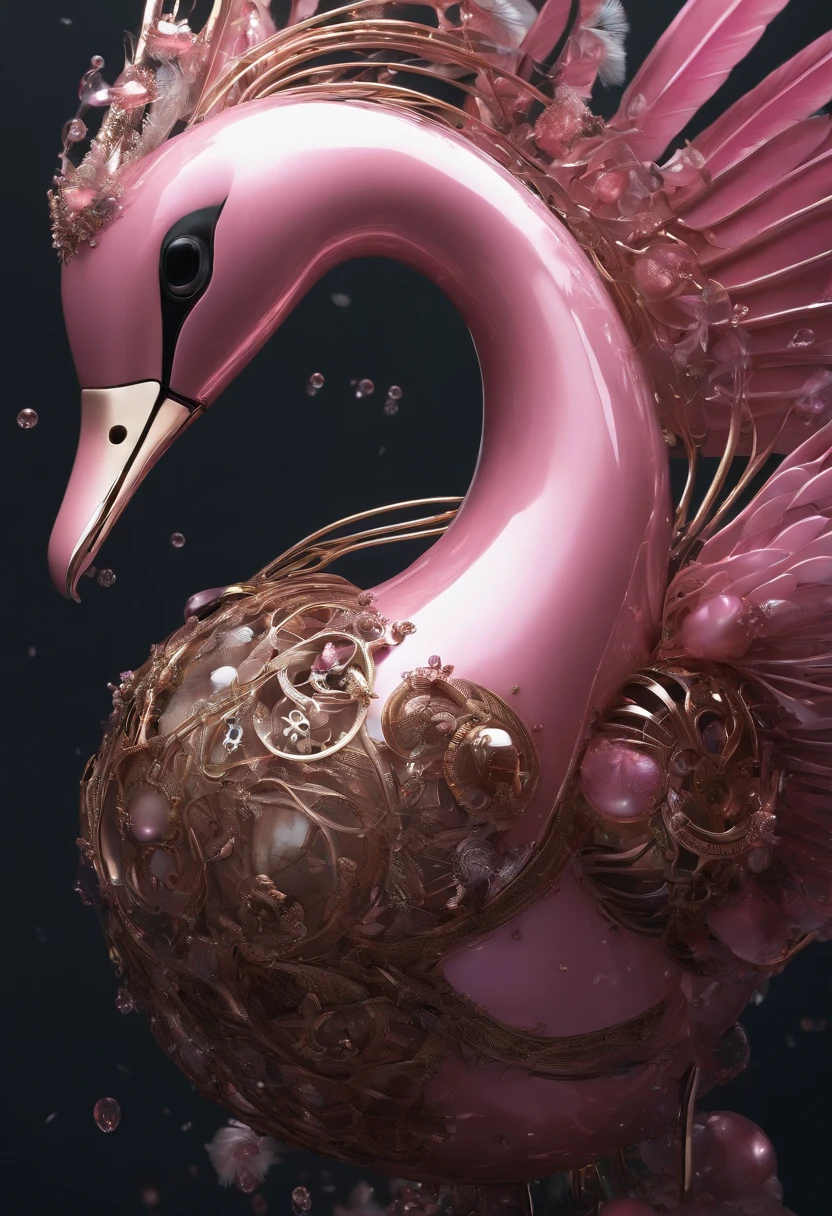 biomechanical of pink swan bird with mechanical metal feathers, cyberpunk mechanical swan body, acrylic bubbles and flowers atmosphere, ferrofluids, water distortions. looking up, highly detailed object, intricate abstract. intricate artwork detailed. beeple. blend of organic and mechanical elements, futuristic, cybernetic, detailed, intricate, dark theme, (in awe:1.2), confident, (surprised:0.7), rich color, realistic rendring object, unreal engine 5, mid shot, dynamic poses