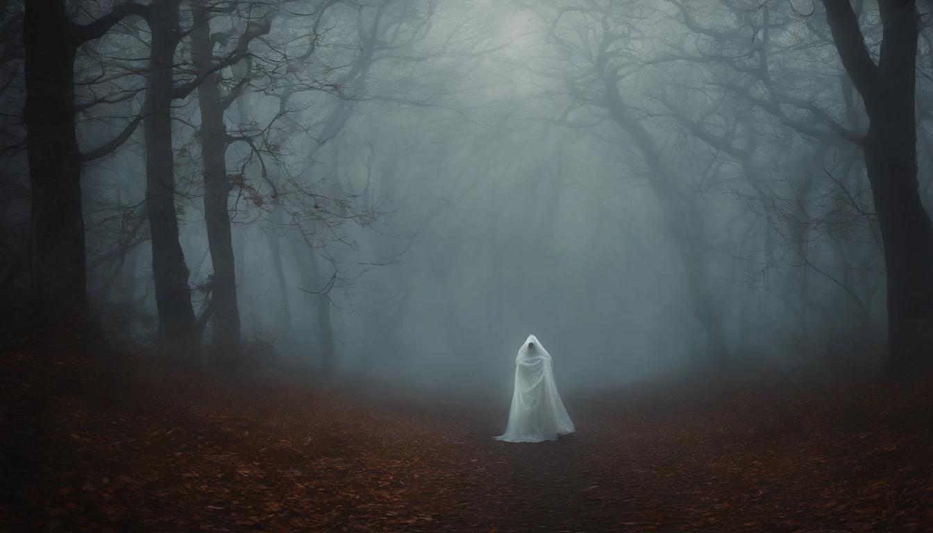 Wall Art Painting Dark Gothic Vintage Style Halloween, With the design of a white ghost in a foggy forest.
