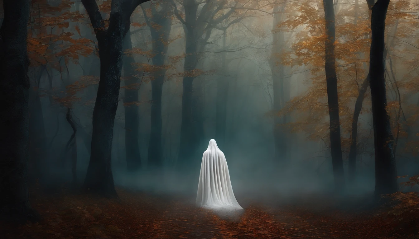 Wall Art Painting Dark Gothic Vintage Style Halloween, With the design of a white ghost in a foggy forest.