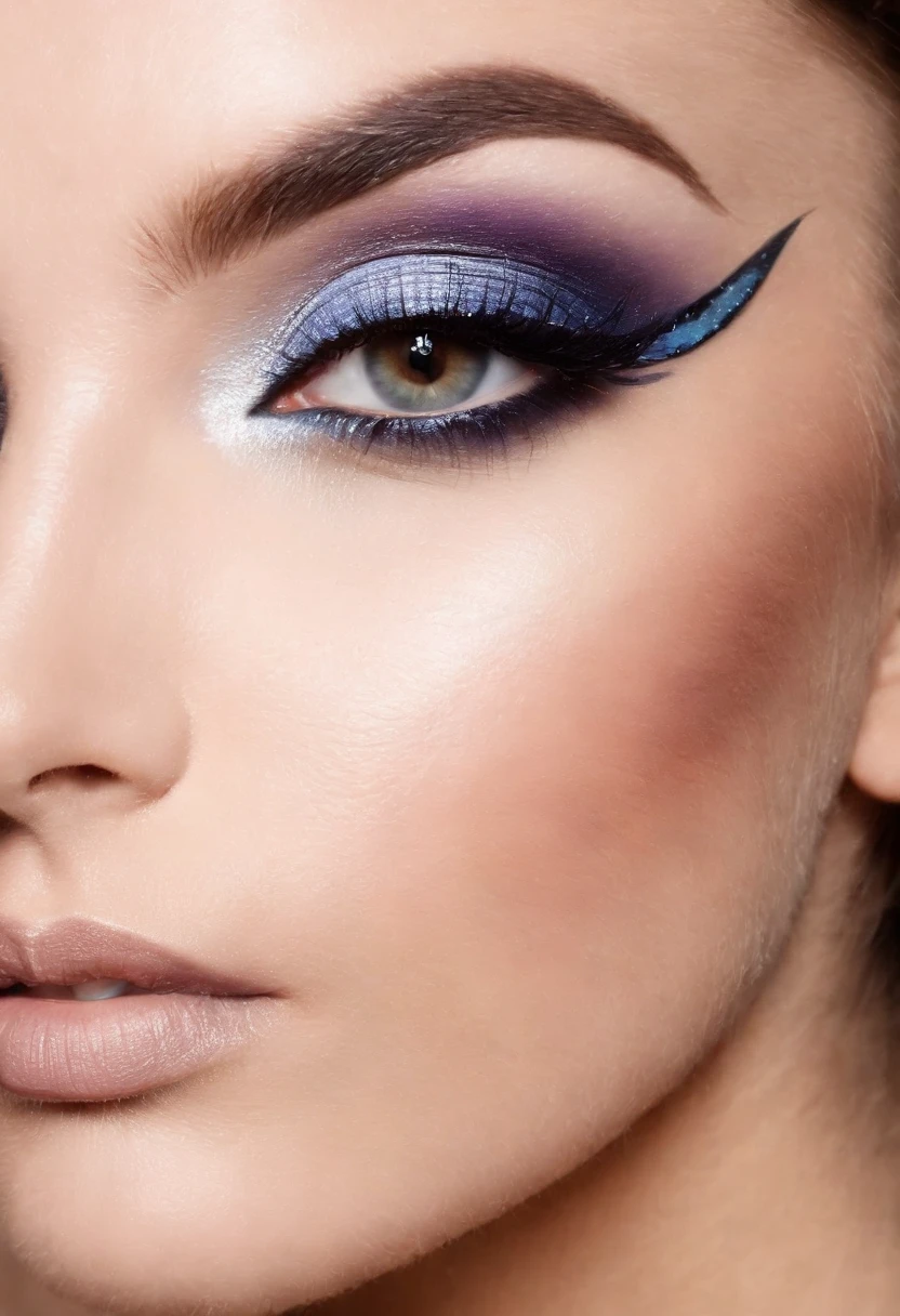 Imagina a una chica con ojos hipnotizantes, whose eyelids are adorned with a makeup technique called 'butterfly wings'. Sus ojos son como dos lienzos en blanco, listos para ser transformados en una obra de arte. The colors chosen for this technique are vibrant and dazzling., Like electric blue and deep purple, que se fusionan suavemente en un degradado perfecto. Las alas de mariposa comienzan en el extremo externo del ojo, extending towards the end of the eyebrows, creando un efecto de alas que parece estar en constante movimiento. Each wing is meticulously outlined with a black liquid eyeliner., creating a dramatic contrast and further highlighting the beauty of your eyes. Los colores brillantes se realzan con un toque de brillo sutil, como si la luz del sol se reflejara en las alas de una mariposa. El resto del maquillaje se mantiene suave y natural, allowing the eyes to be the center of attention. The result is a captivating and magical image that highlights the unique beauty of this girl and her creativity in the art of eye makeup.".