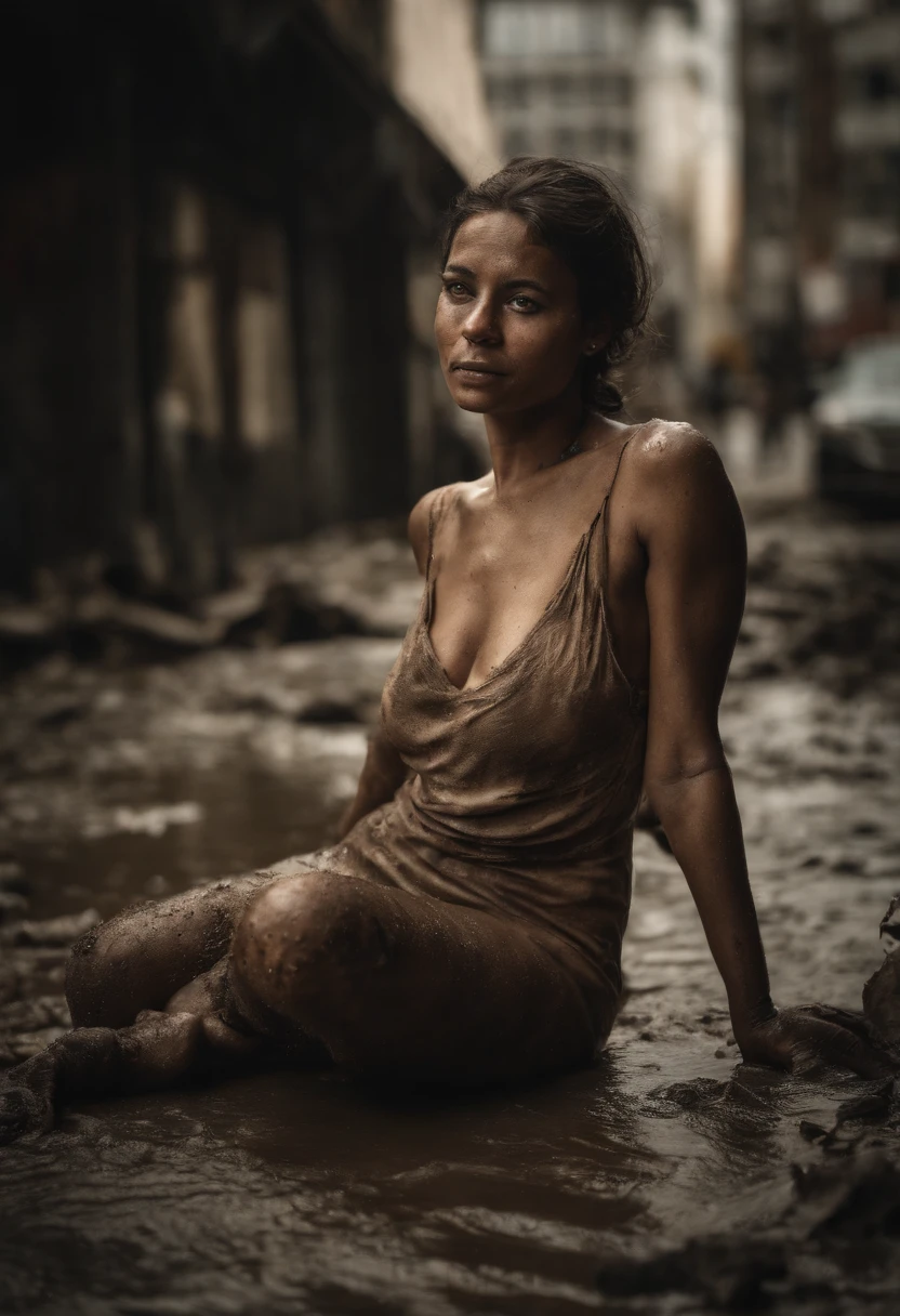 Completely naked 30 years old woman, very dirty and laying in the mud on a busy city street