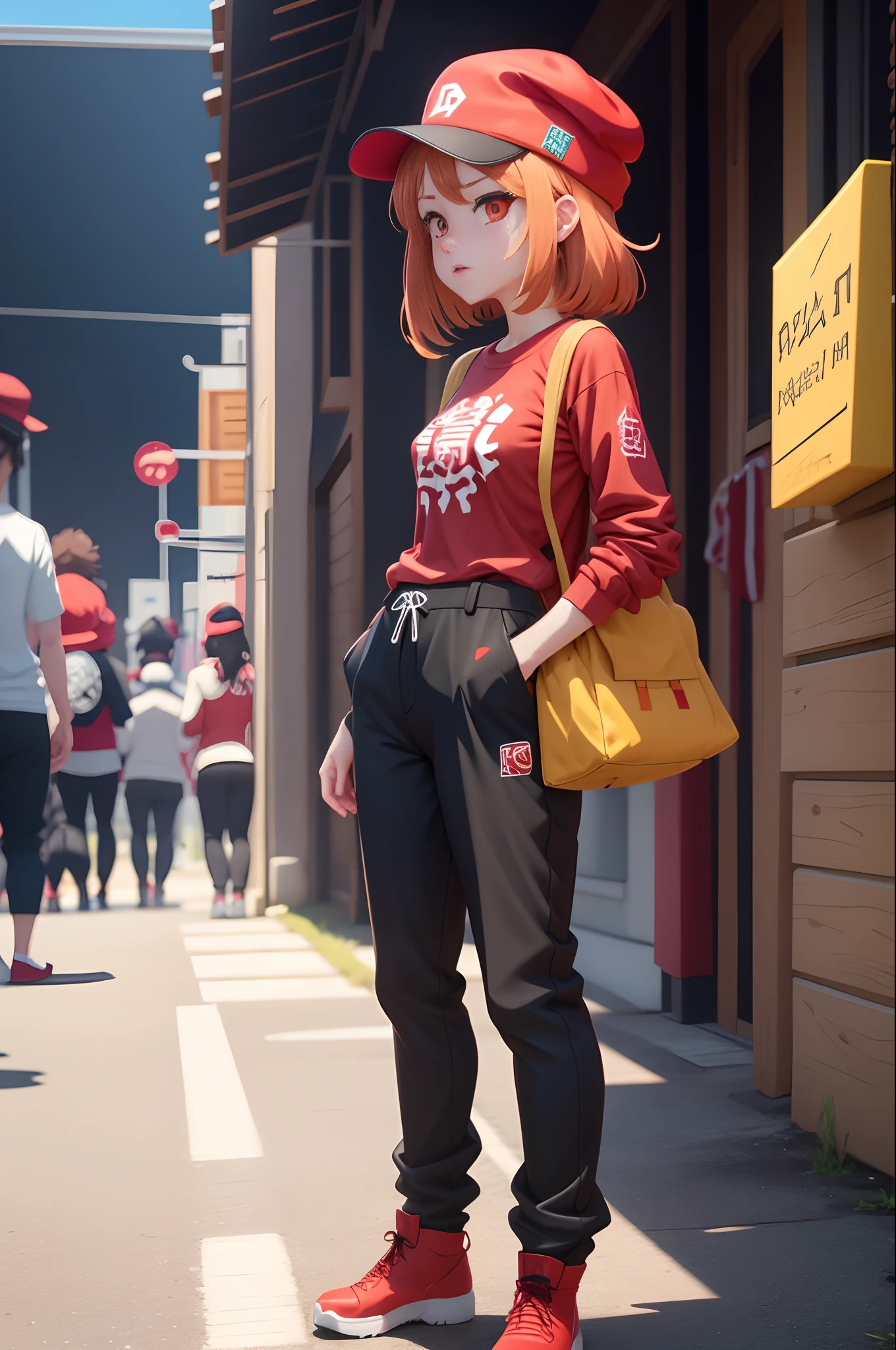 anime character with a red hat and a red shirt on, roblox avatar, anime styled 3d, unknown artstyle, roblox, roblox screenshot, trigger anime artstyle, epic anime style, stylized anime, covered in red slime, profile picture 1024px, vrchat, ((red)) baggy eyes, anime style. 8k, anime stylized