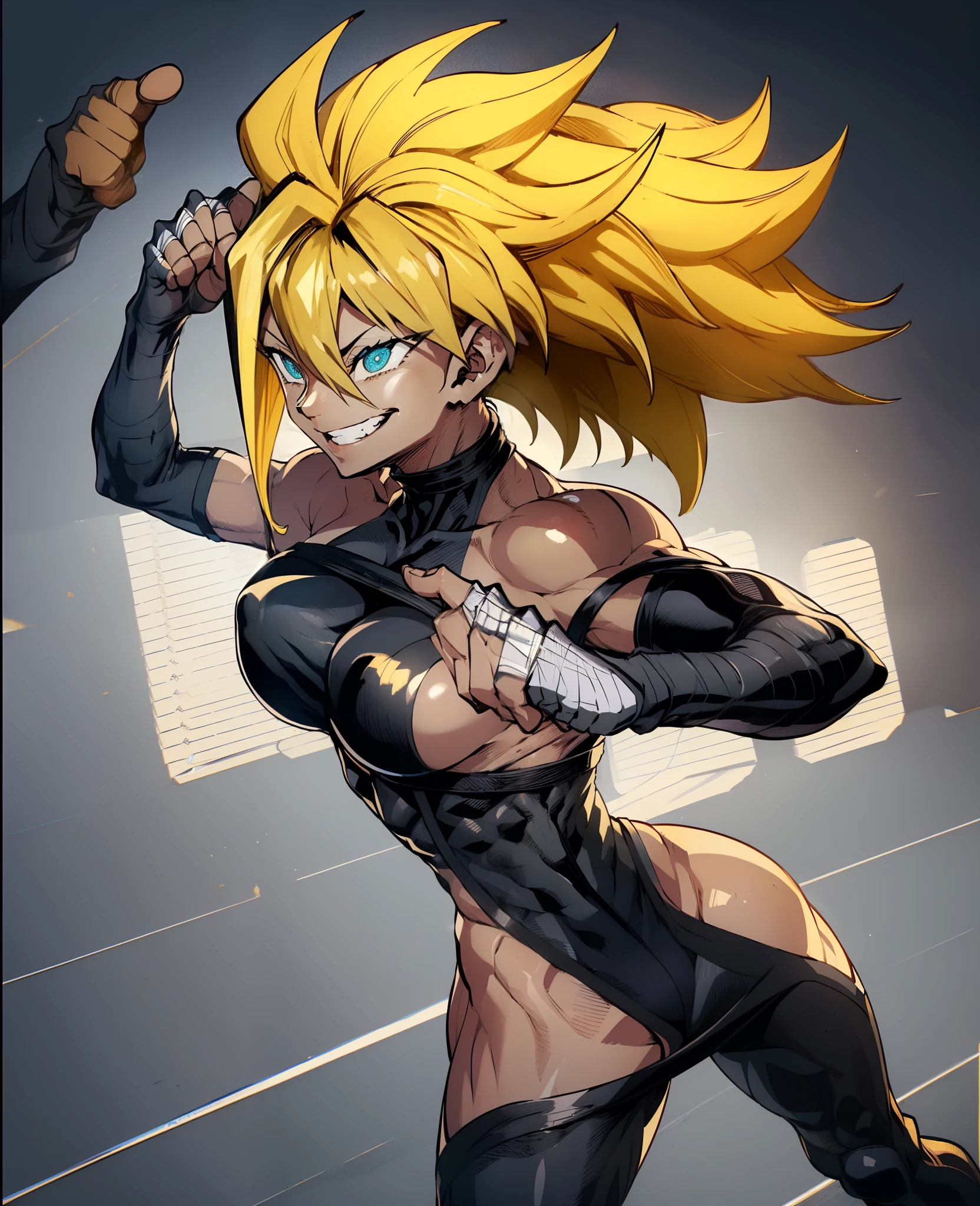 Marle Barrock,  foto de corpo inteiro, flat feet, corpo reto, fighting position, 1mulher, sozinha, Estilo anime de Dragon Ball, sorriso louco, cabelos espetados, cabelo alto, Diamante gradiente amarelo da cor do cabelo, blonde hair, Estilo SSJ2, super saiyajin, super Sayajin 2, Estilo anime de Dragon Ball, alto detalhe, anime, detalhe todo o corpo, (master part:1.2, best quality:1.2, Beautiful, alta qualidade, Altas:1.1), circunstanciado, 4K extremamente detalhado, olhos perfeitos, rosto perfeito, perfect lighting, (1girl, sozinho, adult female, Mature female), Marle Barrock, msucular, Abs, boob lateral, (pelvis curtain:1.4), cowboy shot, sorriso louco, dentes afiados, seios grandes, (Talbard Preto:1.4), dark skinned female, bandaged arms, pernas enfaixadas, luvas de cotovelo, coxas, Tabard,  espiar