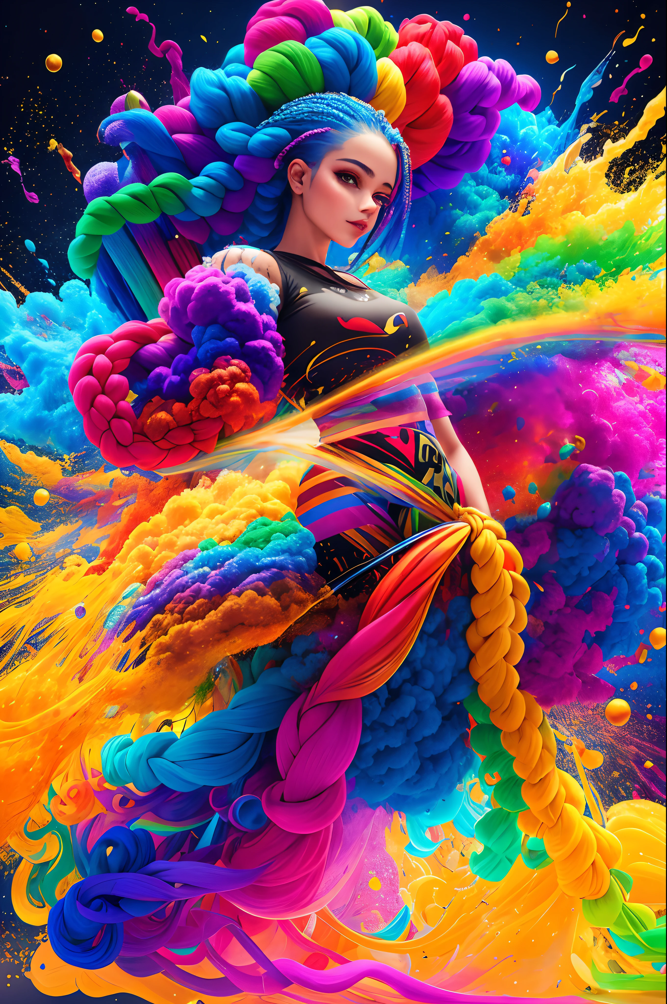 (corpo inteiro:1.2), (Smokexxx:1.4), 1 meni cabelo realmente selvagem, (cabelos ondulados multicoloridos:1.2), (Two Long Braids:1.2), (longos cabelos selvagens:1.2), (cabelos multicoloridos: 1.9), usando uma saia longa, alto contraste, Epic cinematic, soft studio lights, luz de aro, Absurdo, Amazing, Funny, itricado, hiper detalhado, ultra realistic, cores suaves, 8k