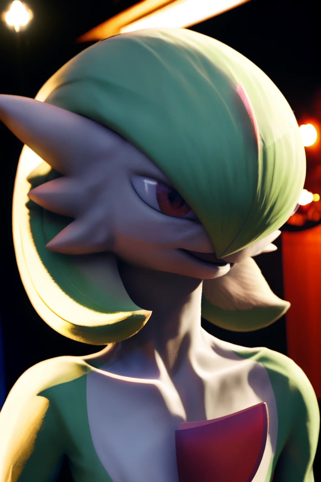 ((realistic)), ((photorealistic)),((high-res, masterpiece, best quality, cinema lighting)), masterpiece, best quality:1.2), upper body, solo, masterpiece, best quality, 4k, photograph, cinematic, modelshoo ,ultra realistic 8k cg, masterpiece, ((ultra detailed background, delicate pattern, intricate detail)), (highly detailed, fine details), best quality, (photorealistic:1.4), absurdres, RAW photo,masterpiece, best_quality, ((1girl 1.3)), solo, ((gardevoir 1.4)), creatures \(company\), game freak, nintendo, pokemon, pokemon \(game\), bangs, colored skin, female focus, gen 3 pokemon, green hair, green skin, hair over one eye, multicolored skin, pokemon \(creature\), red eyes, short hair, two-tone skin, white skin, soft smile,cute, day, living room,