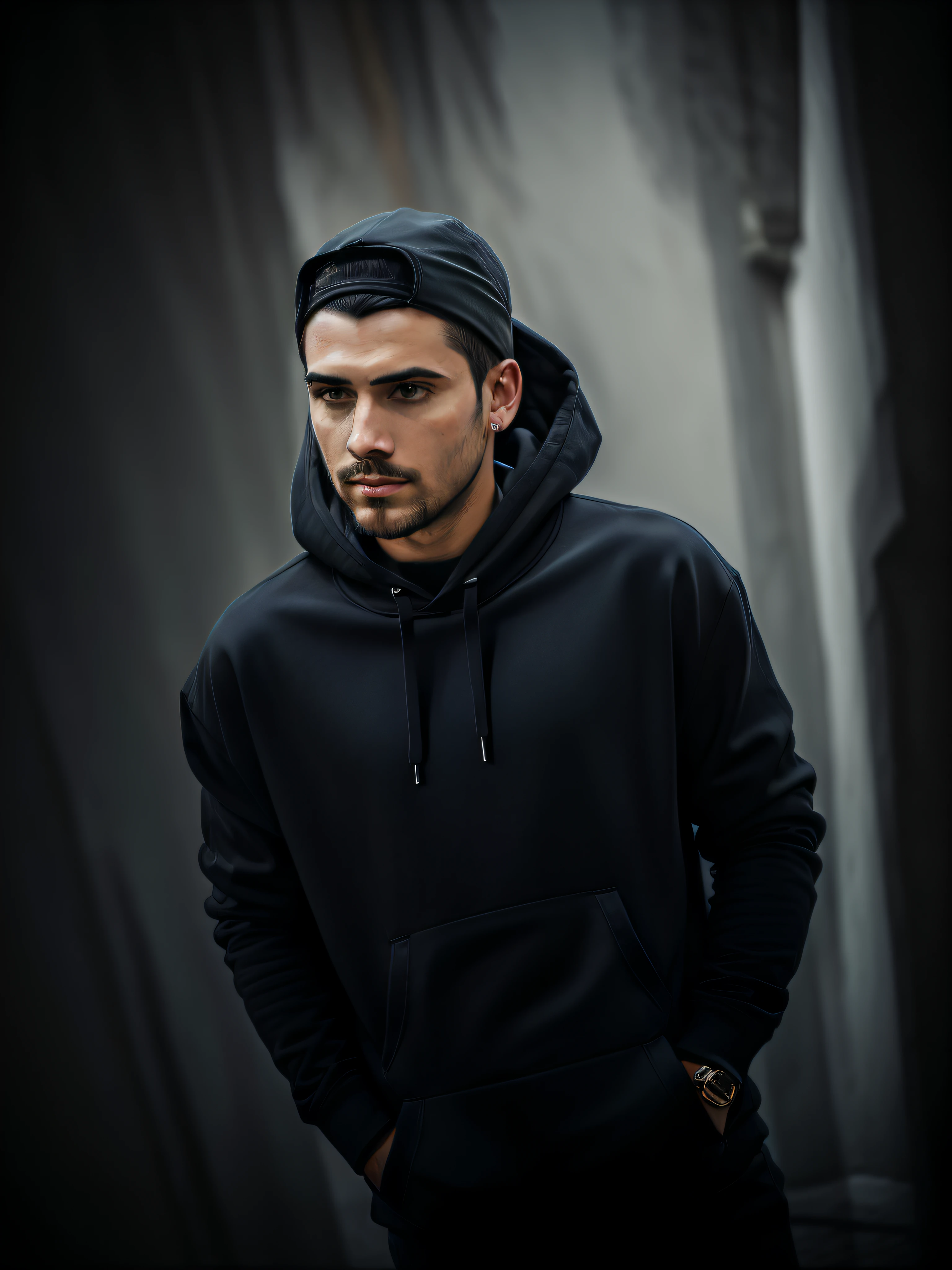 cyberpunk game style, ((masterpiece, best quality 1.3)) ultra detailed, 8k,adobe illustration realistic, digital painting, black hood in front of a curtain, with black hood, profile photo, wearing a black sweatshirt, wearing a hoodie, wearing an oversized hoodie, wearing hood, hooded, wearing a dark hood, trending in R/Techwearclothing, profile picture, wearing a hoodie