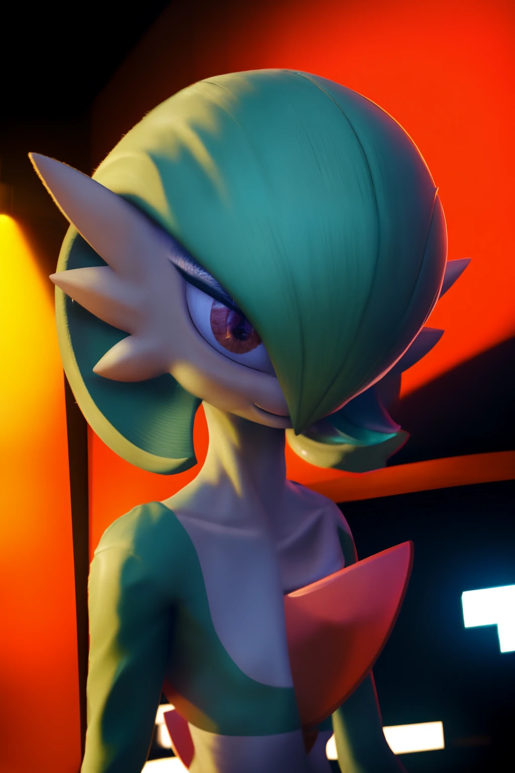 ((realistic)), ((photorealistic)),((high-res, masterpiece, best quality, cinema lighting)), masterpiece, best quality:1.2), upper body, solo, masterpiece, best quality, 4k, photograph, cinematic, modelshoo ,ultra realistic 8k cg, masterpiece, ((ultra detailed background, delicate pattern, intricate detail)), (highly detailed, fine details), best quality, (photorealistic:1.4), absurdres, RAW photo,masterpiece, best_quality, ((1girl 1.3)), solo, ((gardevoir 1.4)), creatures \(company\), game freak, nintendo, pokemon, pokemon \(game\), bangs, colored skin, female focus, gen 3 pokemon, green hair, green skin, hair over one eye, multicolored skin, pokemon \(creature\), red eyes, short hair, two-tone skin, white skin, soft smile,cute, day, living room,