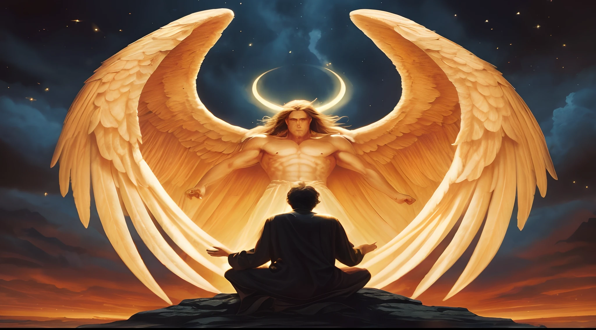 imagem sombria de um ser escuro, esse ser obscuro tem asas, This being is a fallen angel, This being is a being reported in the bible, he is called Satan, the adversary of God, This fallen angel has a kind of glow coming from behind him, a o fundo de sua imagem o ambiente celestial, Next he's got his legion around him, Satan is in the center of the picture, That legion are very fallen angels, But this dark angel is the main one, maximum clarity in the image, adornada com cores vibrantes e detalhes intrincados. The lighting is dramatic and the image is rendered at maximum quality, Capturing maximum detail, realismo, Texture and overall composition. It is an image with 8K or even 16K resolution.