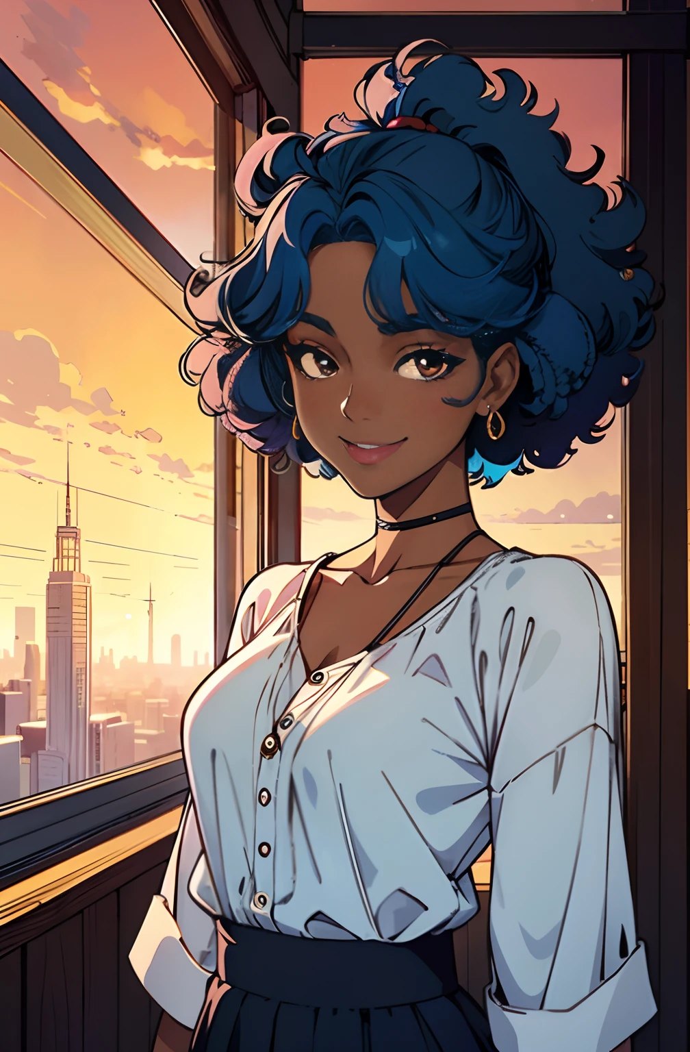 (best quality:1.1),original,1girl,chic,trendy,short afro hair, dark skin, looking down, makeup, 1970's, blue hair, brown eyes, anime style, niji, looking at the viewer smiling