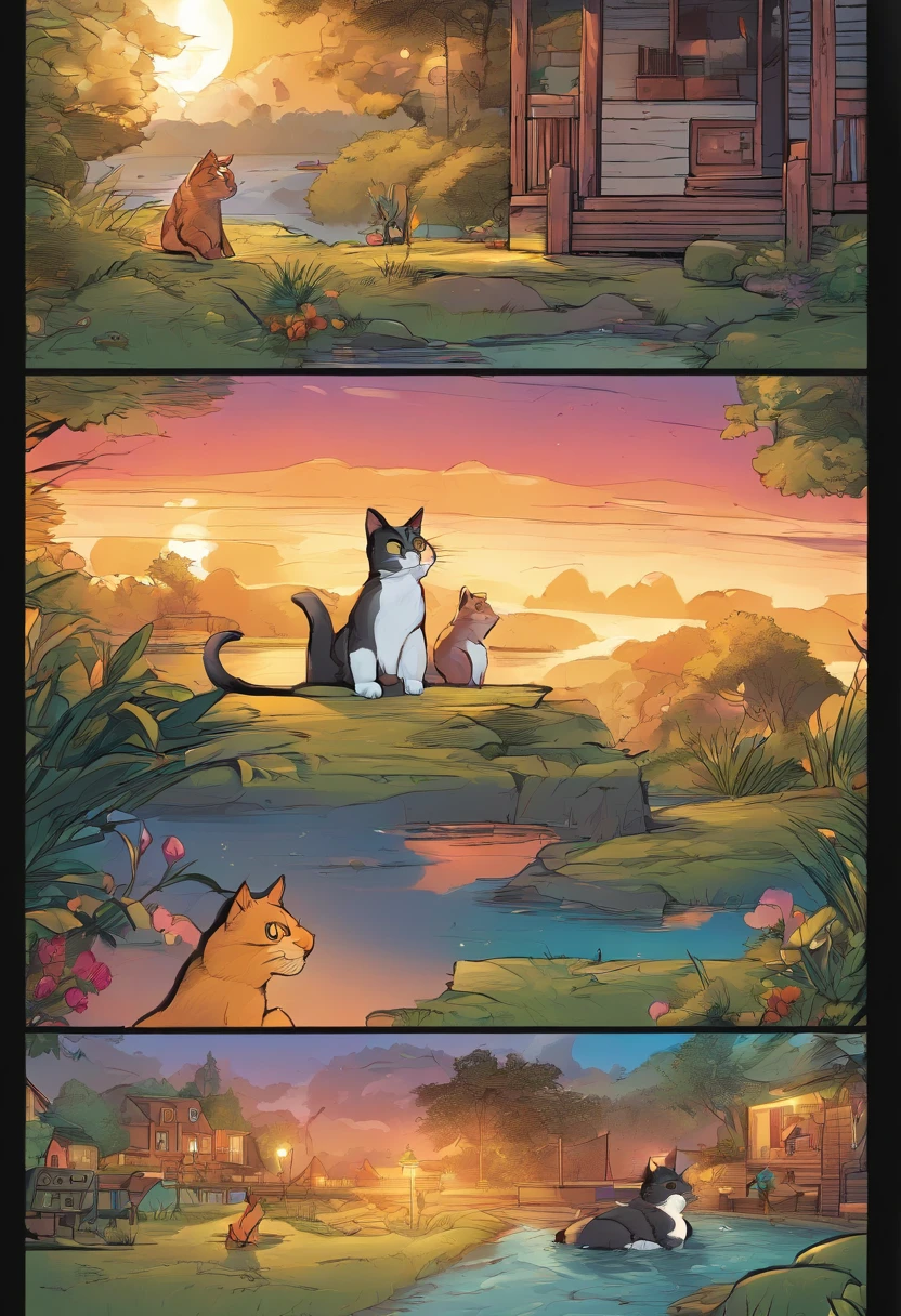(best quality,4k,8k,highres,masterpiece:1.2),ultra-detailed,(realistic,photorealistic,photo-realistic:1.37),comic book,comic strip,comic,comic story,colorful panels,exaggerated, detailed characters,beautifully illustrated scenes, American Shorthair cat,adventurous journey,homecoming,happy reunion,expressive emotions,cartoonish style,playful backgrounds,vibrant colors,comic book lighting