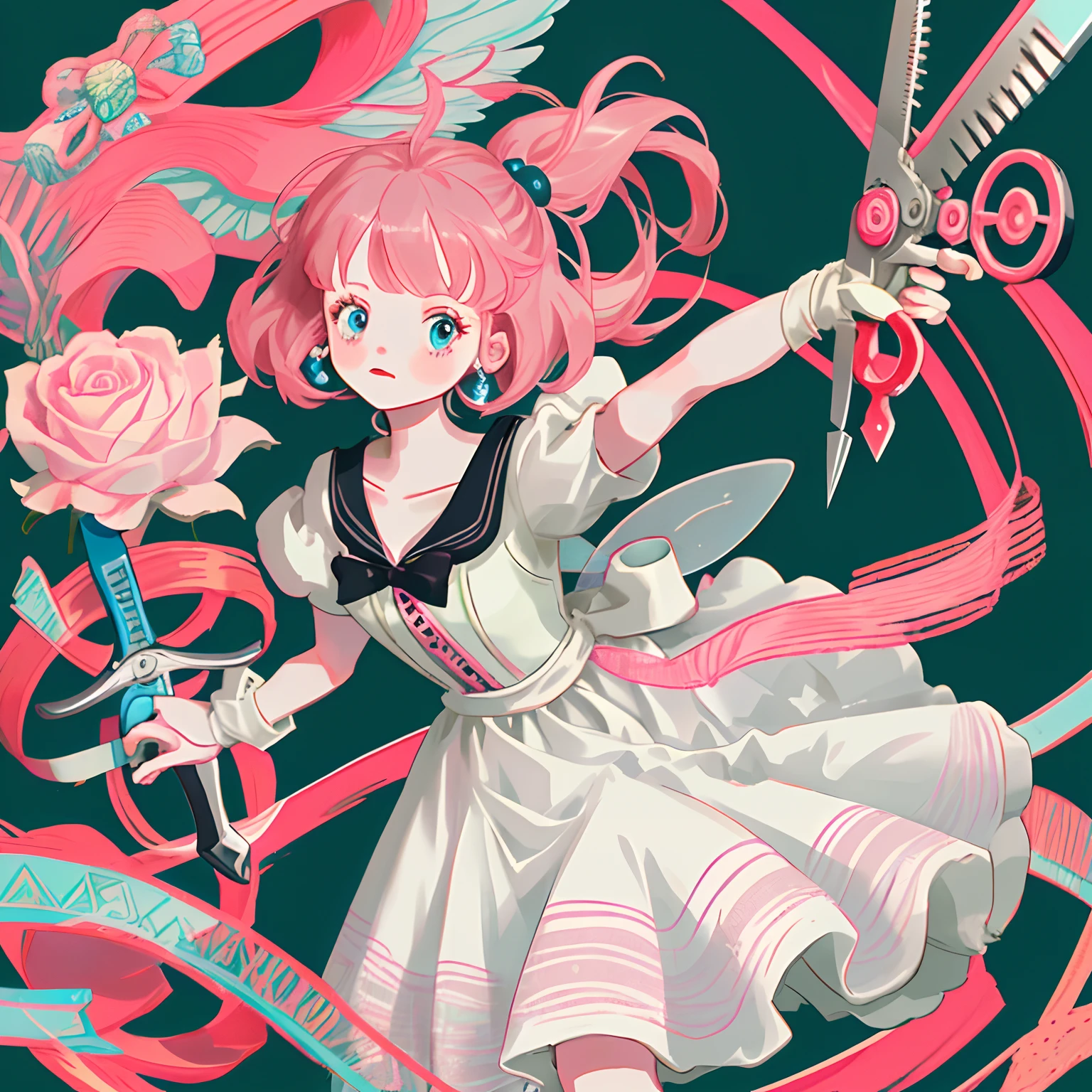 A girl in a white dress holds scissors, Pink core style, Constrained form, fairy academia, oshare kei, dau al set, hyper realisitc, Pink