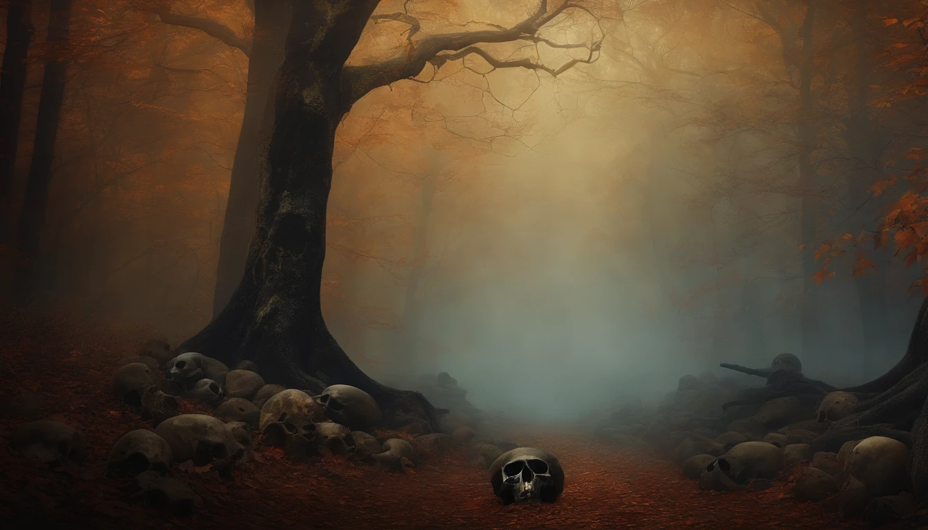 Wall Art Painting Dark Gothic Vintage Style Halloween, With the design of skulls and skulls in a misty forest.