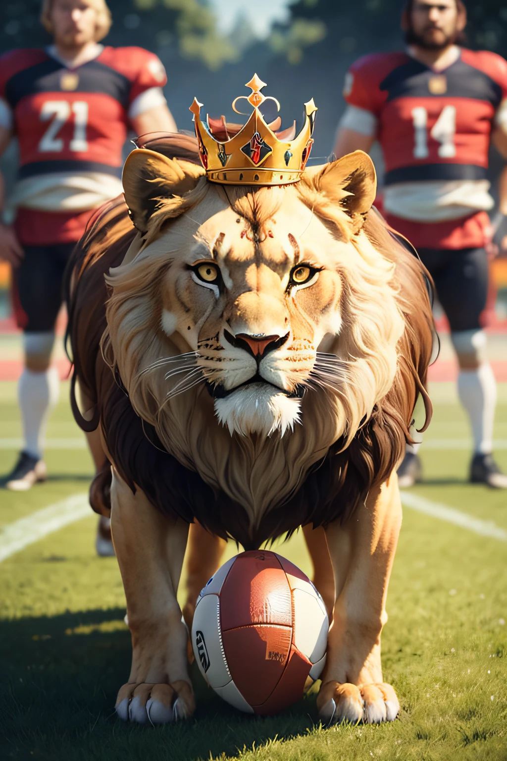 Create a football team logo with the name Lions United with the logo being three lions realistic with crowns