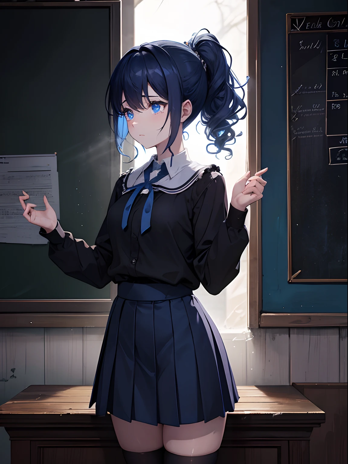 Close up, night, dark, boarding school, rotted wood, dirty walls, broken glass, moonlight, ghost girl, she is glowing blue, pale, blue see through skin, sad expression, tears, curly hair, ponytail, old style school uniform, short skirt, thigh socks, standing in front of a chalkboard