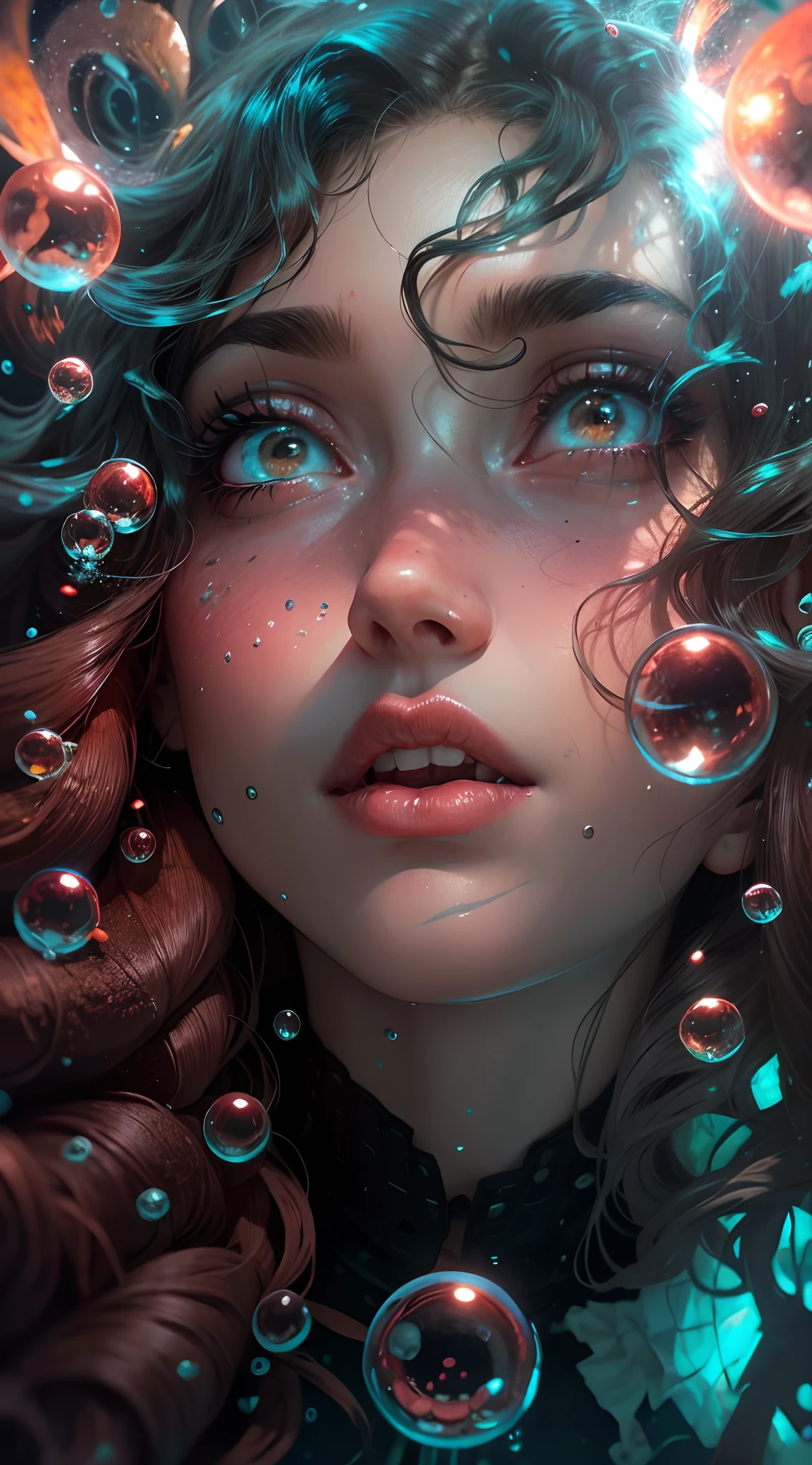((8k, best quality, masterpiece, Rule of thirds)), ((light play, shadow play)), ((provocative pose)), ((glamour photography)), ((cartoon art, vivid colors)), ((lifeless girl submerged inside incubation tank, eyes closed, floating hair)), ((shiny, reflective, glow)),
