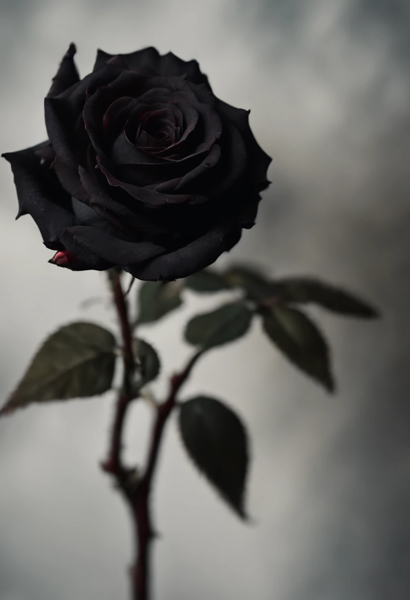 Pale hand holding withered black rose. Thorn and blood