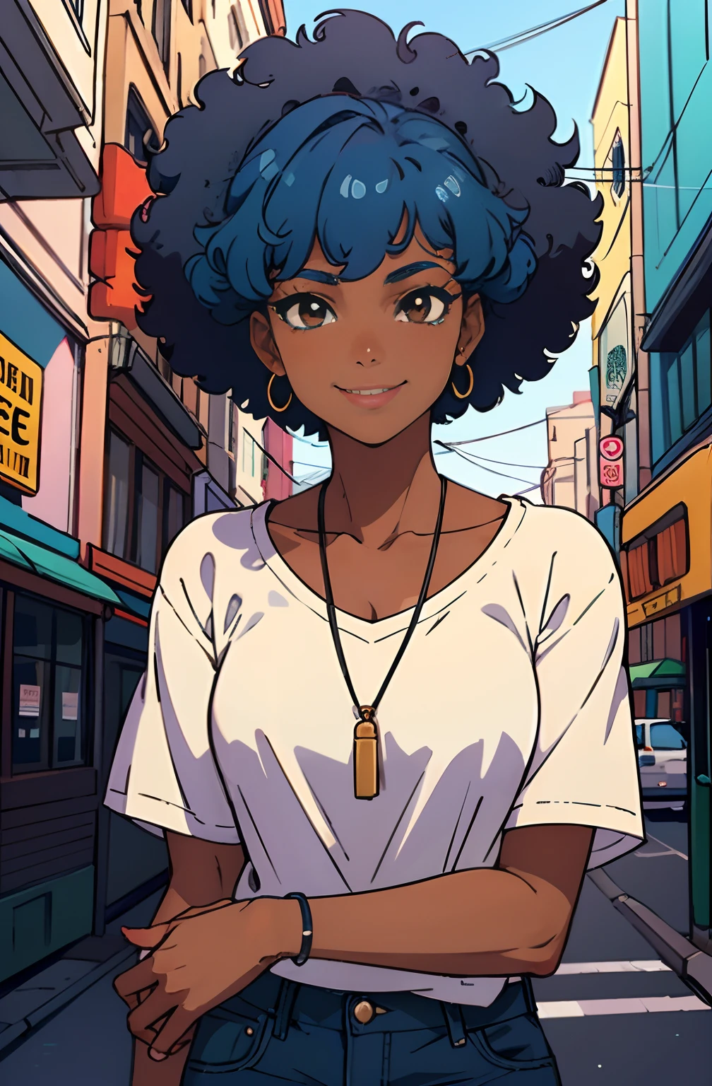 (best quality:1.1),original,1girl,chic,trendy,short afro hair, dark skin, looking down, makeup, 1970's, blue hair, brown eyes, anime style, niji, looking at the viewer smiling