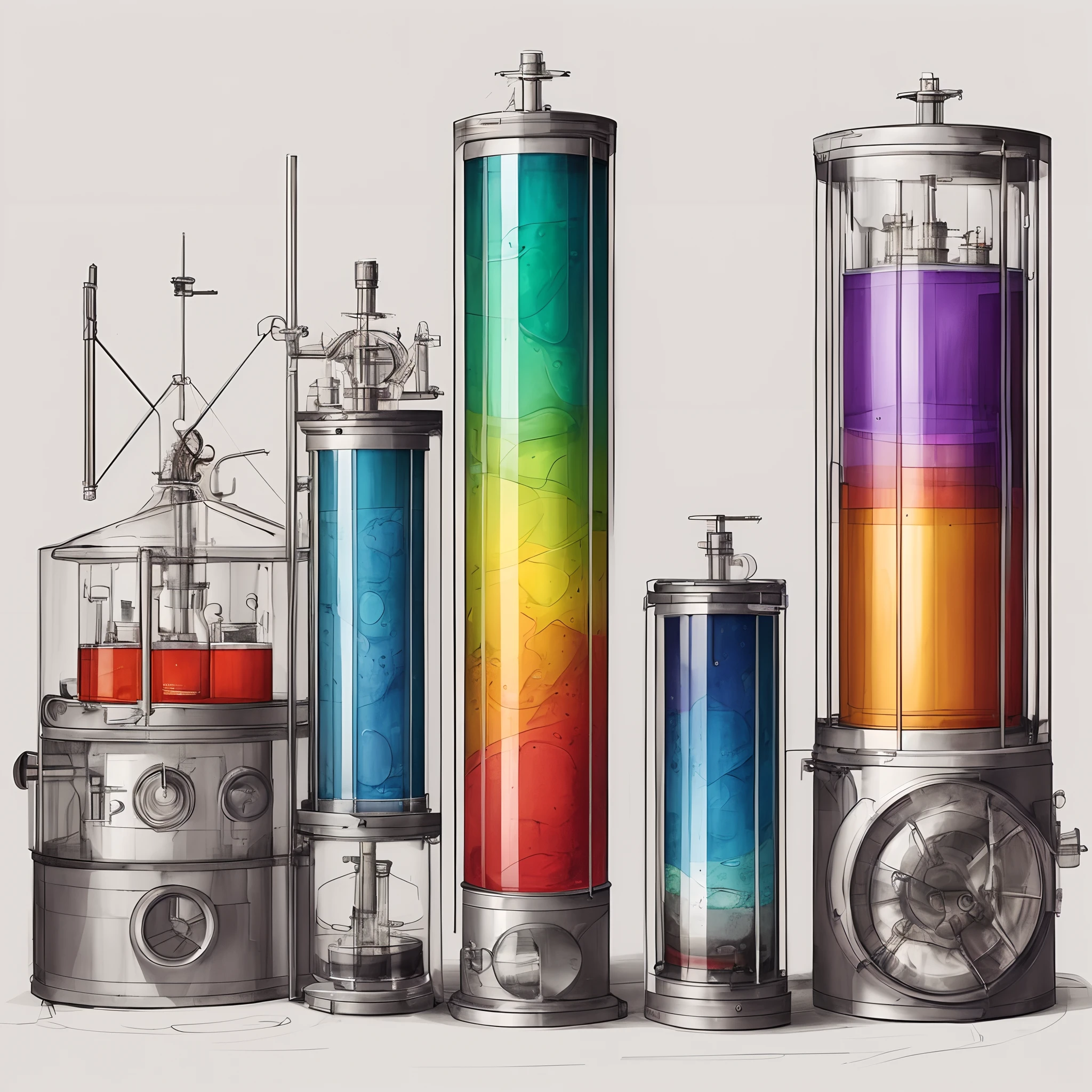 a close up of a drawing of a group of different colored liquids, rainbow liquids, vibrant vials, concept art | dyson, colorful concept art, alchemical equipment, viscous rainbow paint, technicolour 1, lava lamps, futuristic chemistry lab, alchemical still, beakers of colored liquid, bubble chamber, intricate rainbow environment, beeple colors