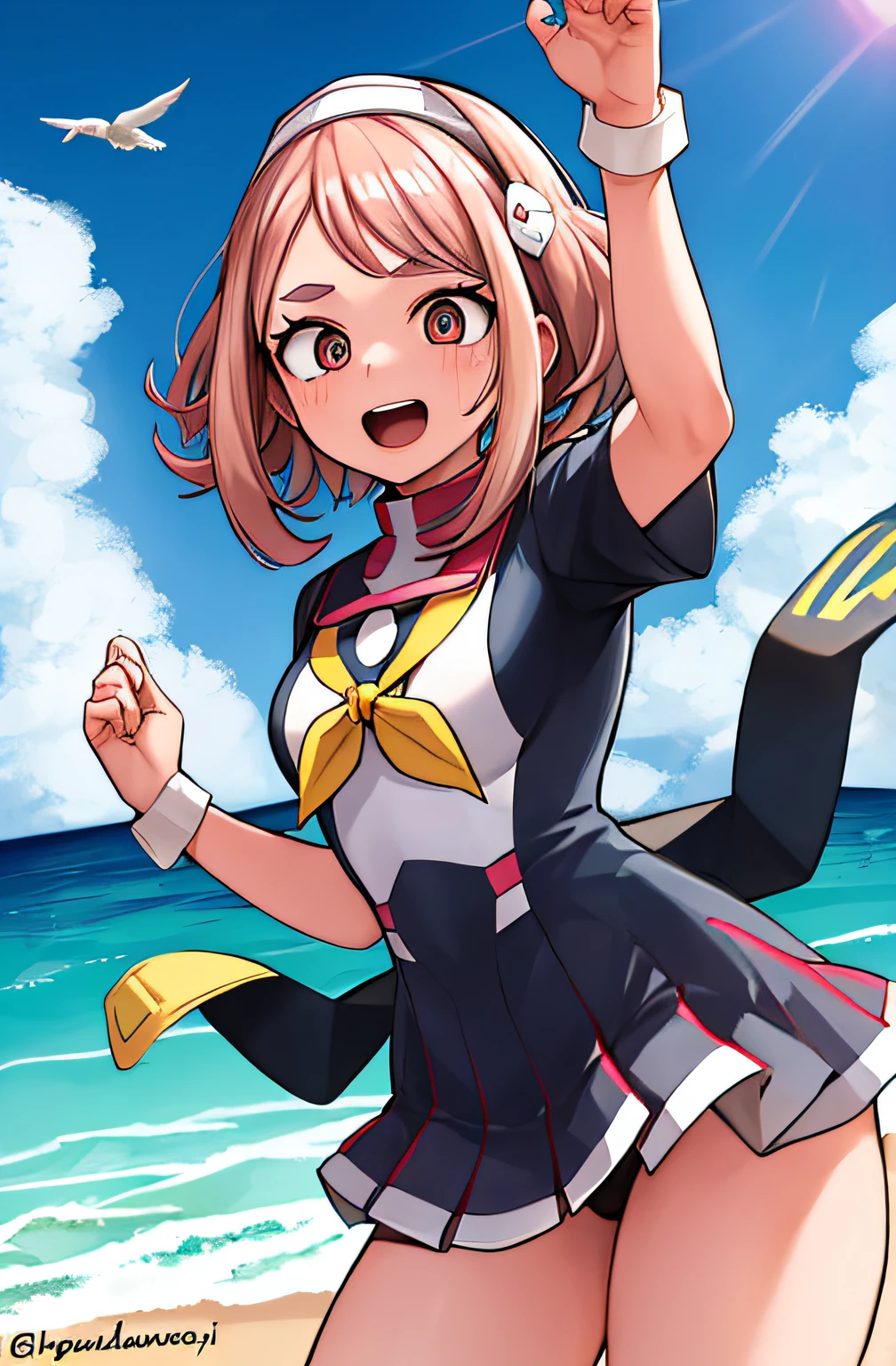 horikoshi kouhei, 1boy, absurdres, Ochako Uraraka, ombros nus, regata preta, cabelo loiro, desfocado, fundo desfocado, boku no hero academia, chama kou, highres, olhando para longe, foco feminino, boca aberta, suor, regata, twitter username, limpando o suor,