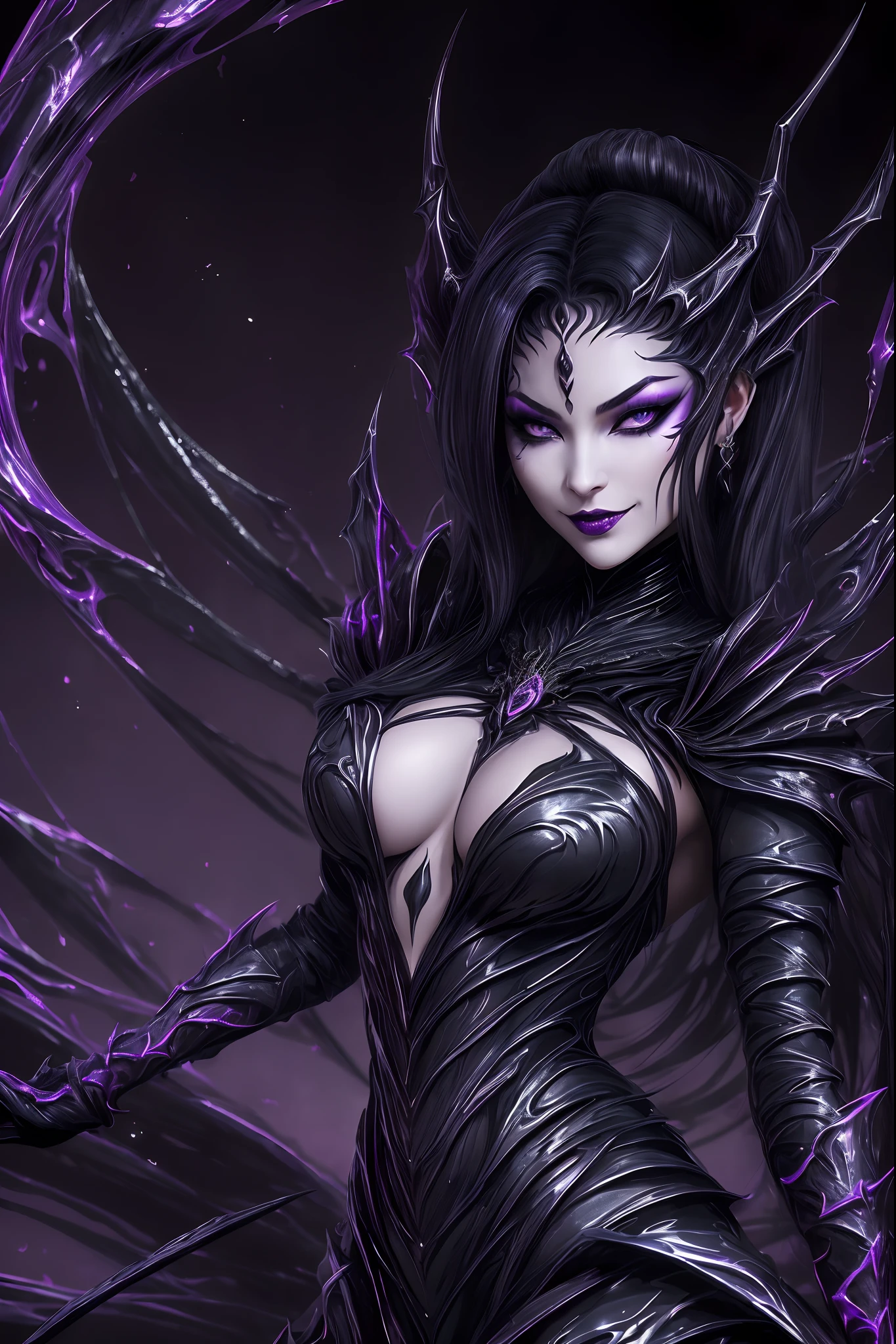 arcane arachnid lady, elise the spider queen, league of legends, arcane arachnid, fighting stance, ( body formed from mauveine and black liquid metallic paint twisting into a beautiful interpretation of the female figure), long sharp fangs, au naturel, ((complex metallic colours in the foreground)), (( fluid mechanics, the loveliest smooth scale face makeup, smirky expression)) - dark blood, onyxia