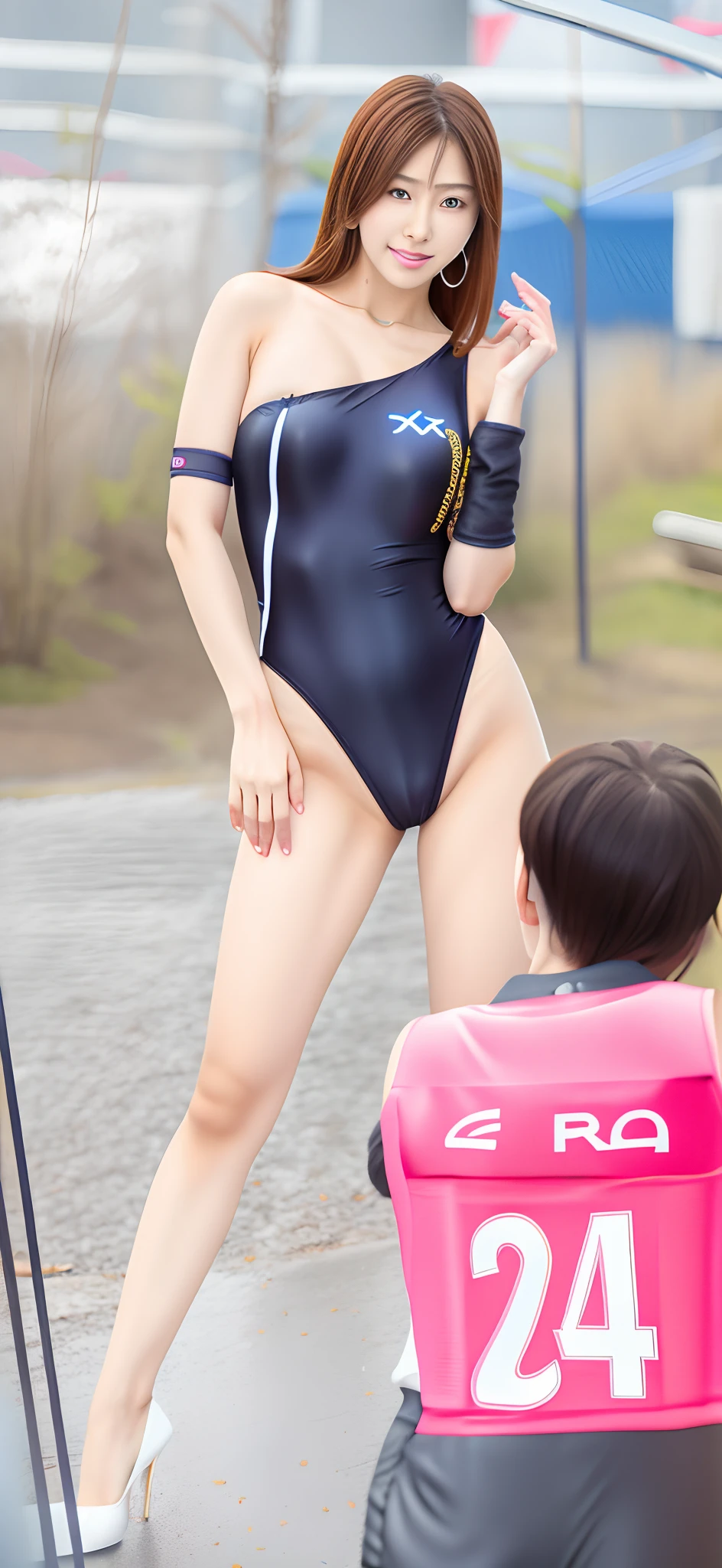 Super High Leg Competitive Swimsuit Black、Colossal tits、vests、Crotch Superbite、Savage competition swimsuit、I'm wearing pin heels、8K、broach、Lustrous skin、Sexy Body Line