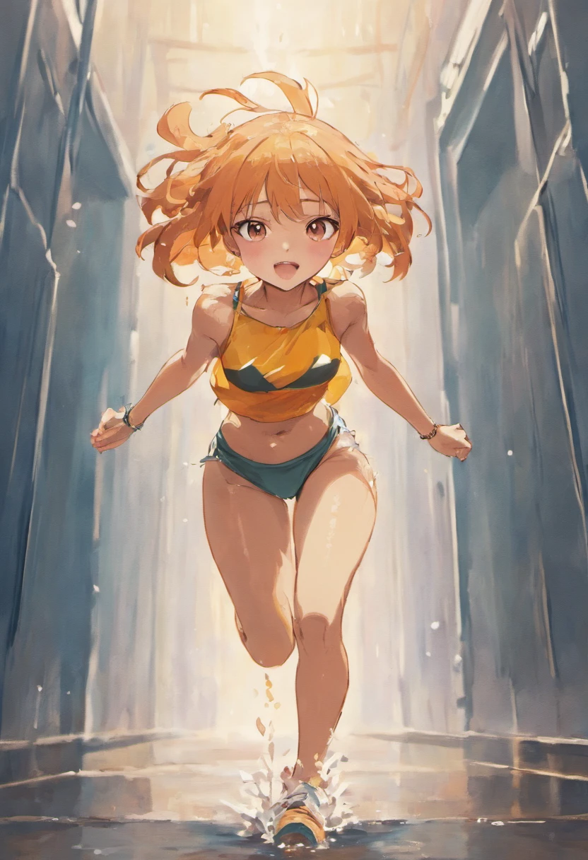 Hot tanned anime girls, running, sweating a lot, wet body, wet face, feet, toes, long shirt