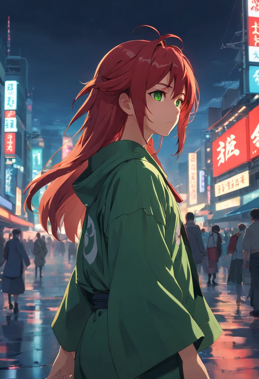 Ultra-HD, dramatic lighting, highly detailed, unreal engine, raytracing, full body photo, 1boy, long red hair, green eyes, black and red samurai attire,