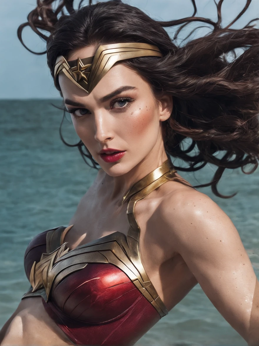 Full body perfect face attractive body wonder woman sunbathing on a paradisiacal beach ultra-detailed best quality 8k 