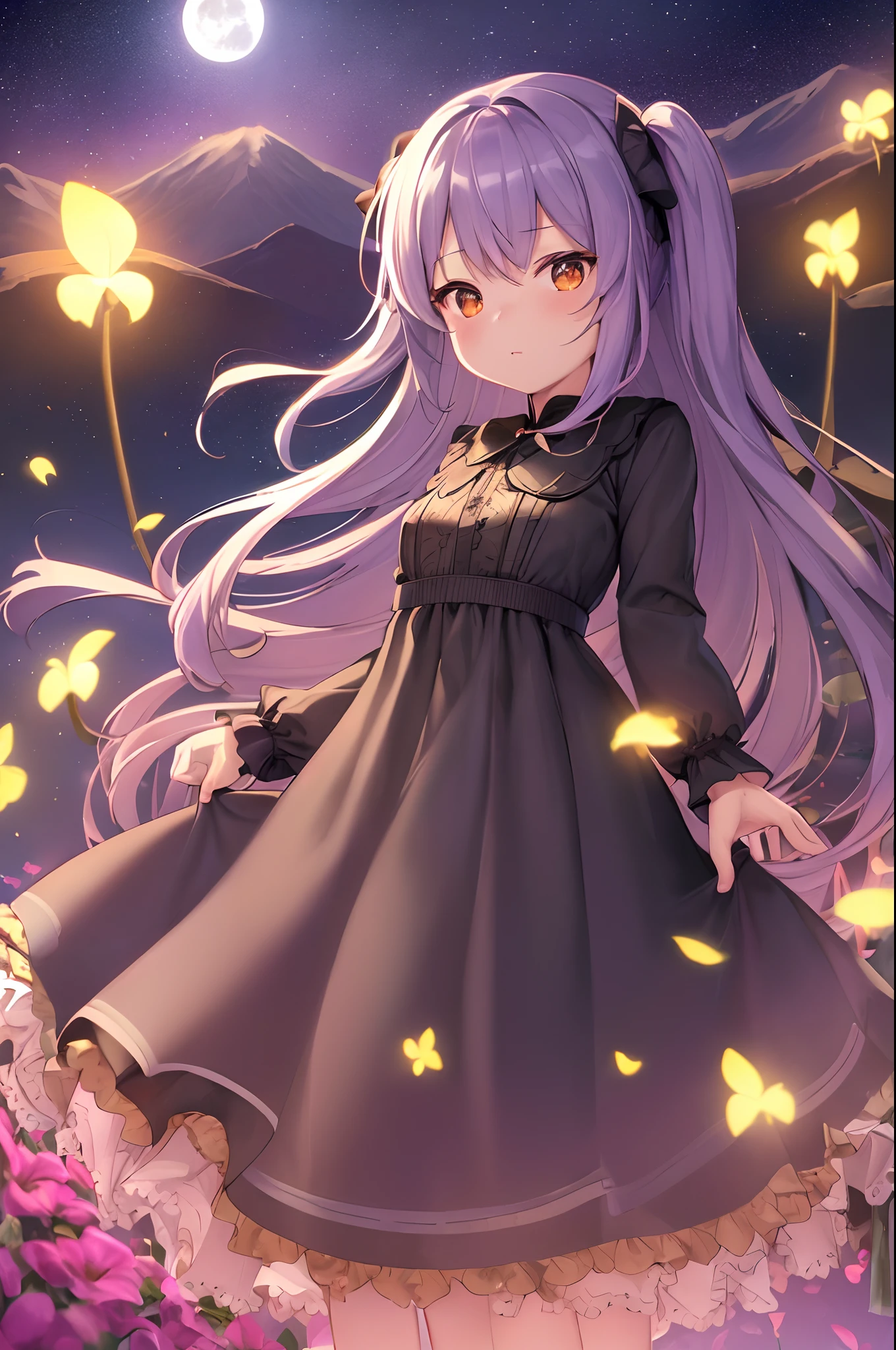 A wide landscape photo, (viewed from below, the sky is above, and the open field is below), a girl standing on a flower field looking up, (full moon: 1.2), (meteor: 0.9), (nebula: 1.3), distant mountains , Trees BREAK Crafting Art, (Warm Light: 1.2), (Firefly: 1.2), Lights, Lots of Purple and Orange, Intricate Details, Volumetric Lighting BREAK (Masterpiece: 1.2), (Best Quality), 4k, Ultra Detailed, (Grandma, read me a story。Full moon and many stars