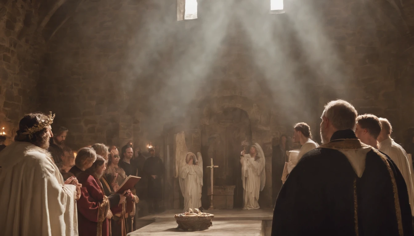 Take a photo of a moment of worship where 10 other male angels pay obeisance to Archangel Michael for his courage and loyalty. Angels should be kneeling with expressions of respect and admiration on their faces.