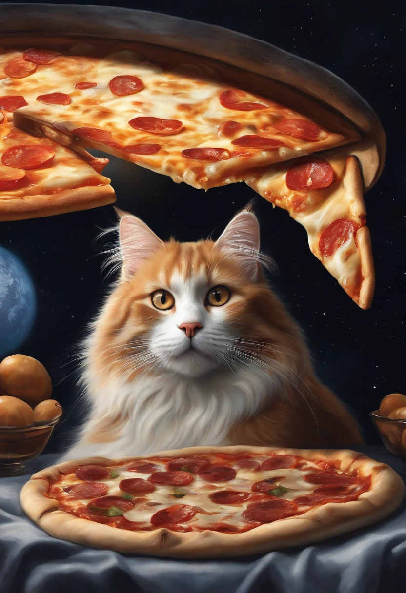 There was a cat sitting next to a pizza, in space, Illustration of 1 cat, Ultra-Realistic Illustrations, Ultra-Realistic Illustrations, Hyper-realistic illustration, A cat. Realistic painting, author：Wayne England, Realistic illustration, Ultra-Realistic Illustrations, Portrait, Close portrait, Award-winning surrealism, author：Lisa Mirroy, by Galen Dara