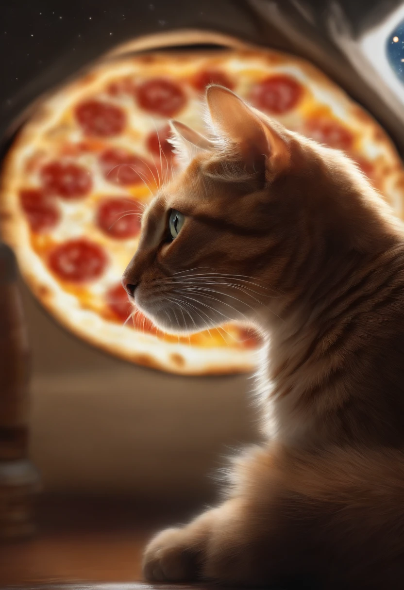 There was a cat sitting next to a pizza, in space, Illustration of 1 cat, Ultra-Realistic Illustrations, Ultra-Realistic Illustrations, Hyper-realistic illustration, A cat. Realistic painting, author：Wayne England, Realistic illustration, Ultra-Realistic Illustrations, Portrait, Close portrait, Award-winning surrealism, author：Lisa Mirroy, by Galen Dara