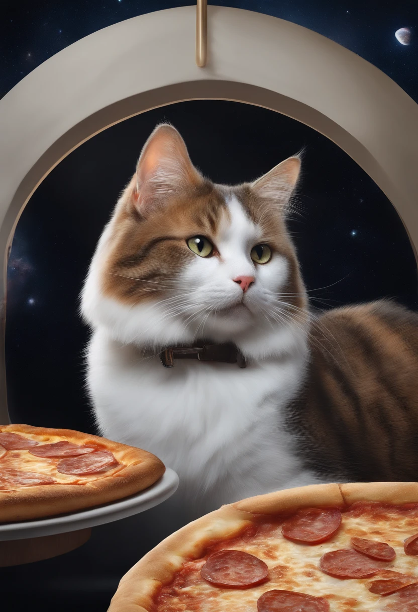 There was a cat sitting next to a pizza, in space, Illustration of 1 cat, Ultra-Realistic Illustrations, Ultra-Realistic Illustrations, Hyper-realistic illustration, A cat. Realistic painting, author：Wayne England, Realistic illustration, Ultra-Realistic Illustrations, Portrait, Close portrait, Award-winning surrealism, author：Lisa Mirroy, by Galen Dara