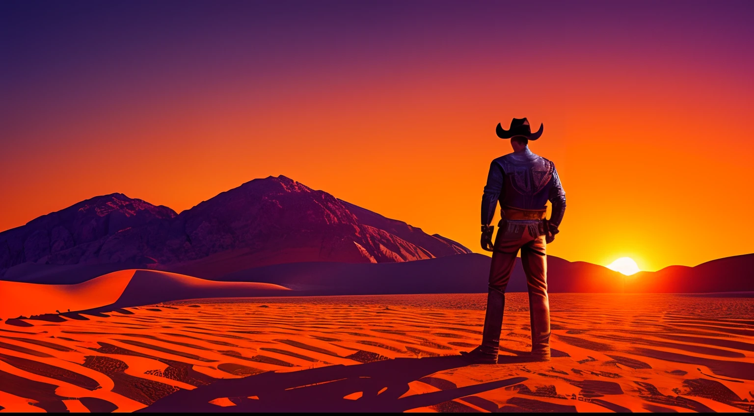 Back view of a strong and masculine cowboy across the Death Valley desert; 3D; retro cyberpunk; orange color splash; dynamic color-field; sunset; cyclorama effect; cinematic lighting