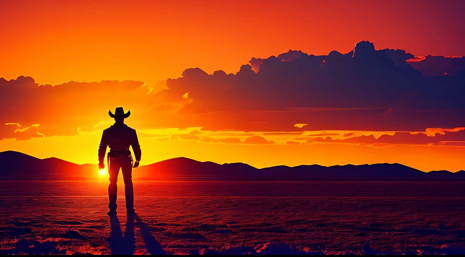 Back view of a strong and masculine cowboy across the Death Valley desert; 3D; retro cyberpunk; orange color splash; dynamic color-field; sunset; cyclorama effect; cinematic lighting