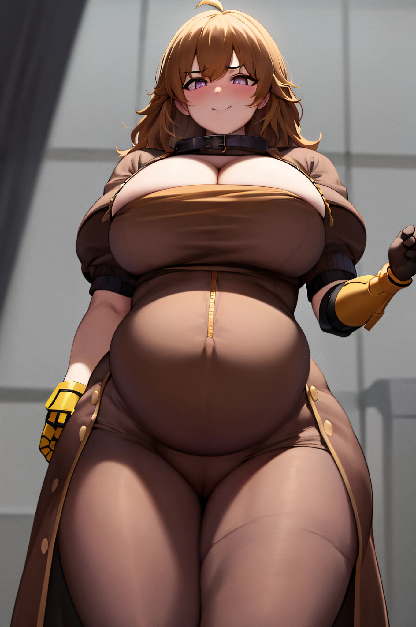 masterpiece, best quality, 1girl, yang xiao long, (prosthetic arm), smile, ahoge purple eyes, brown jacket, navel, cleavage, western, cowboy shot, desert background,(thicc:0.5), (WeightImmobile:1.3), (obese:1.2) (round face:1.3), huge belly, wide hips, from below, discoelysium, legs spread, muffin top, pudgy, Big Bump pregnant, Big boobs, Big pregnant Belly, Big Pregnant girl, Largest Belly of Pregnant, Huge Pregnancy, Huge 9 months Pregnancy Belly, huge belly expansion, huge belly girl
