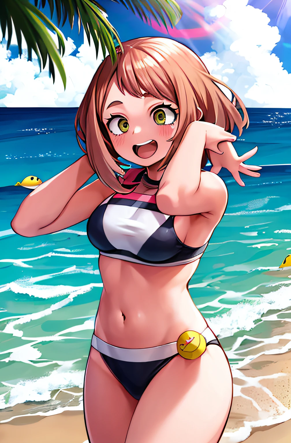 horikoshi kouhei, 1girl, Ochako Uraraka, biquini fofo, pulando na praia, boku no hero academia, highres, olhando para longe, foco feminino, boca aberta, suor, regata,